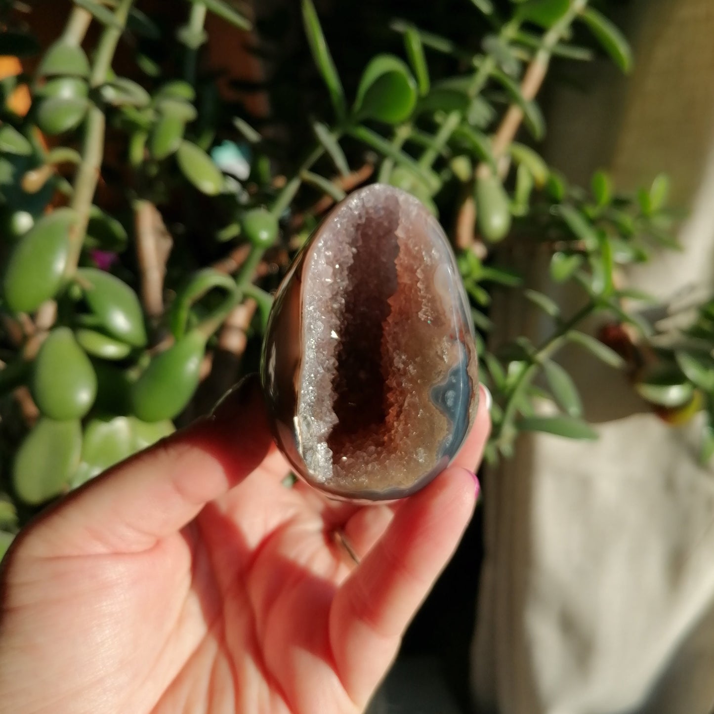 Light pink amethyst druzy egg with blue agate banding