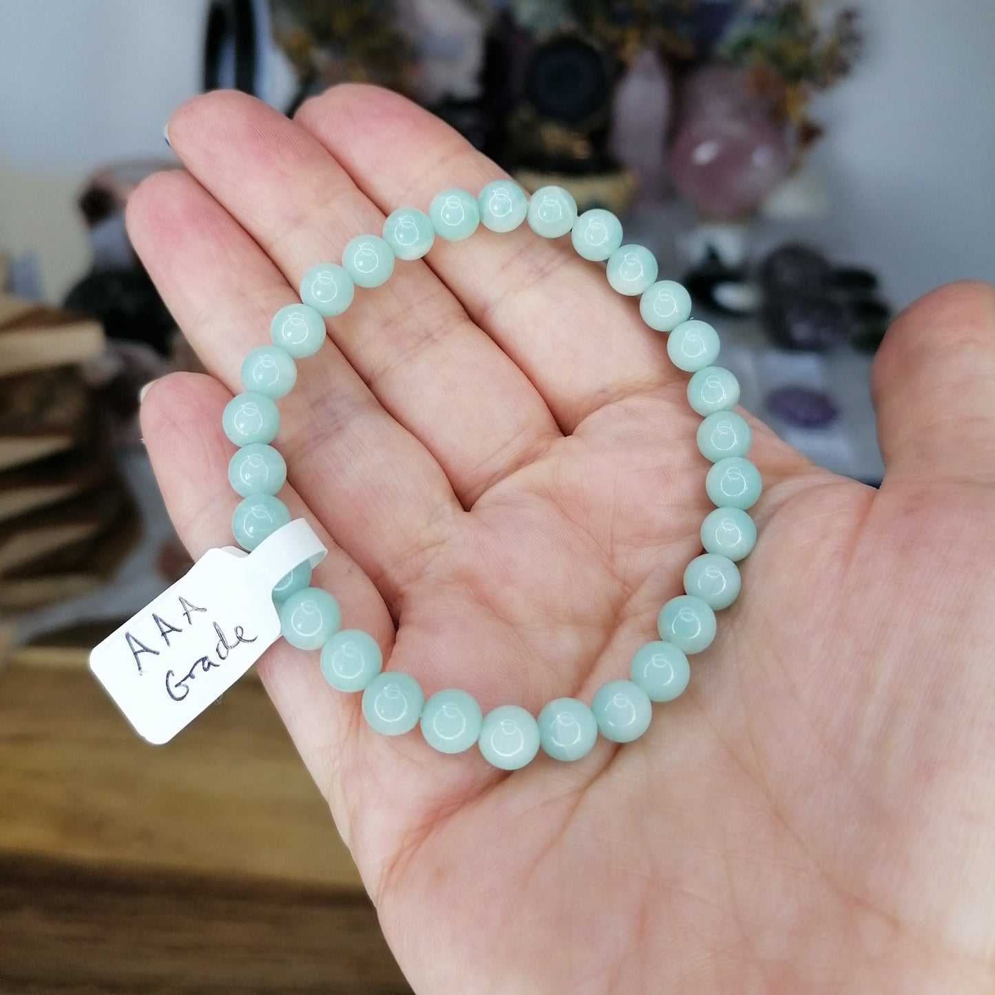 Light blue green amazonite 6mm bead bracelet, high grade