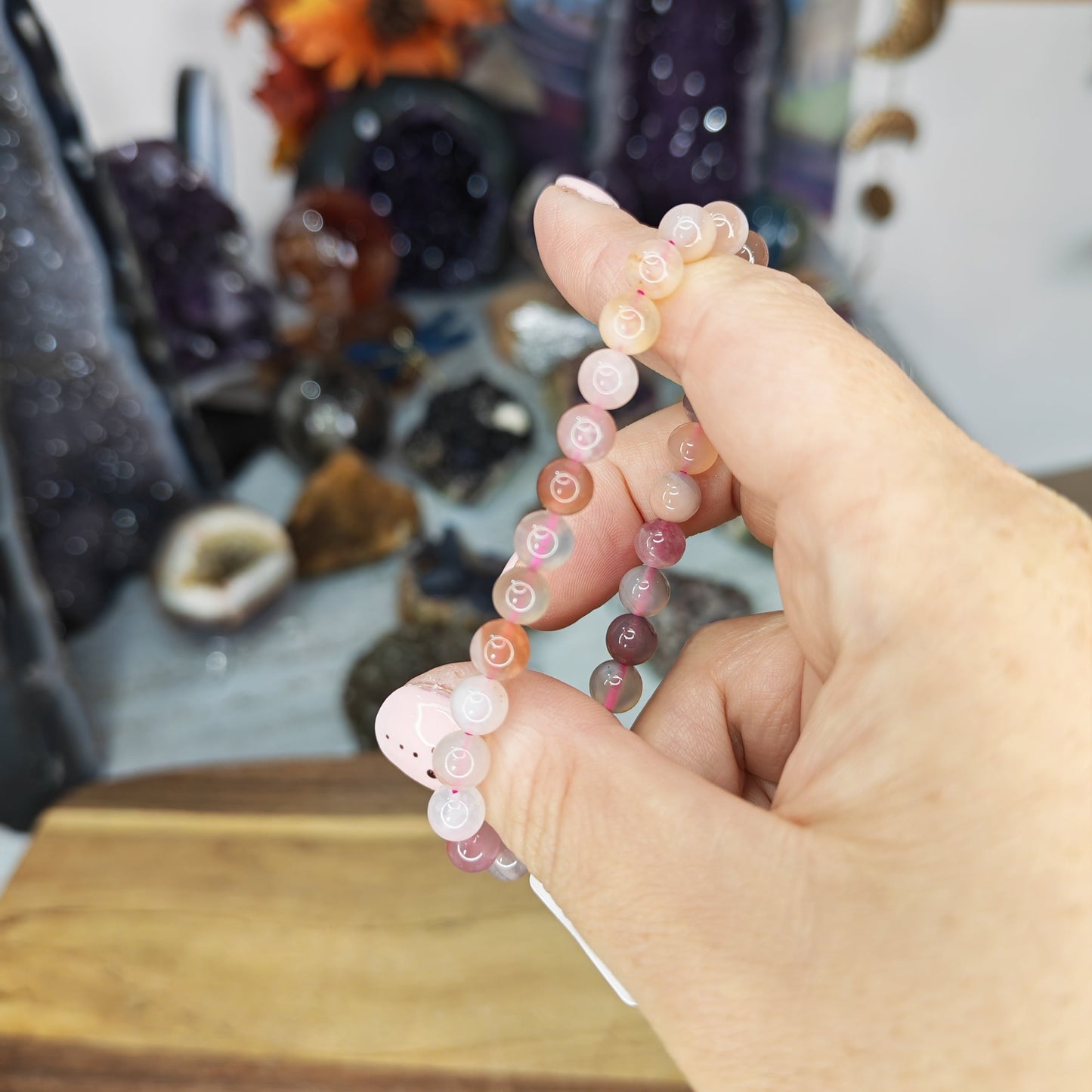 Pastel Pink Apricot Agate Beaded Bracelet