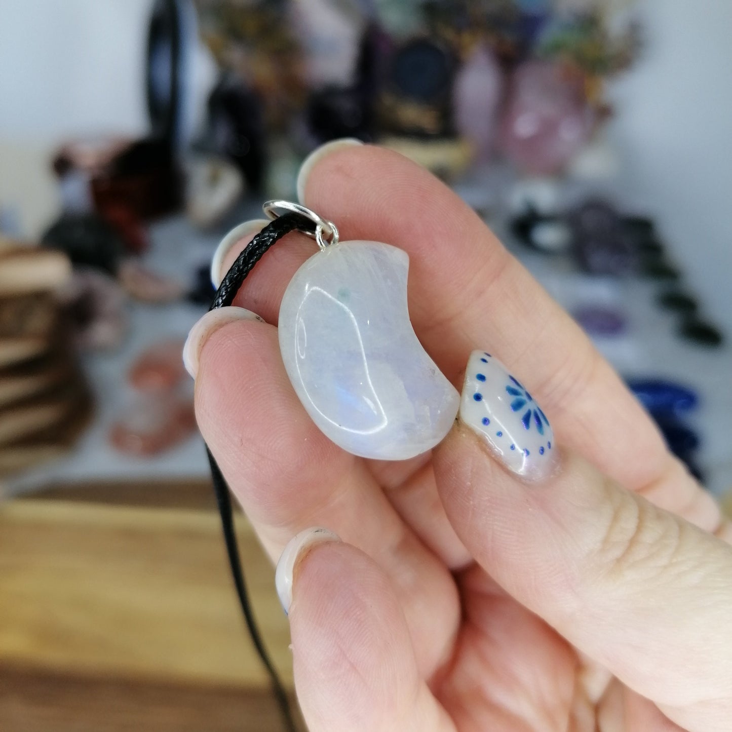 Blue Flash Rainbow Moonstone Moon Necklace