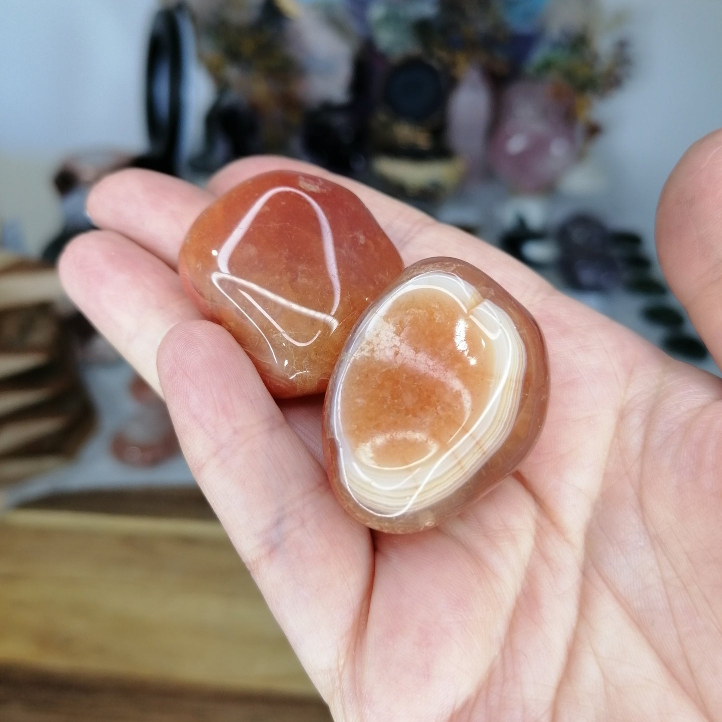 Hand holding two polished Carnelian stones with white banding