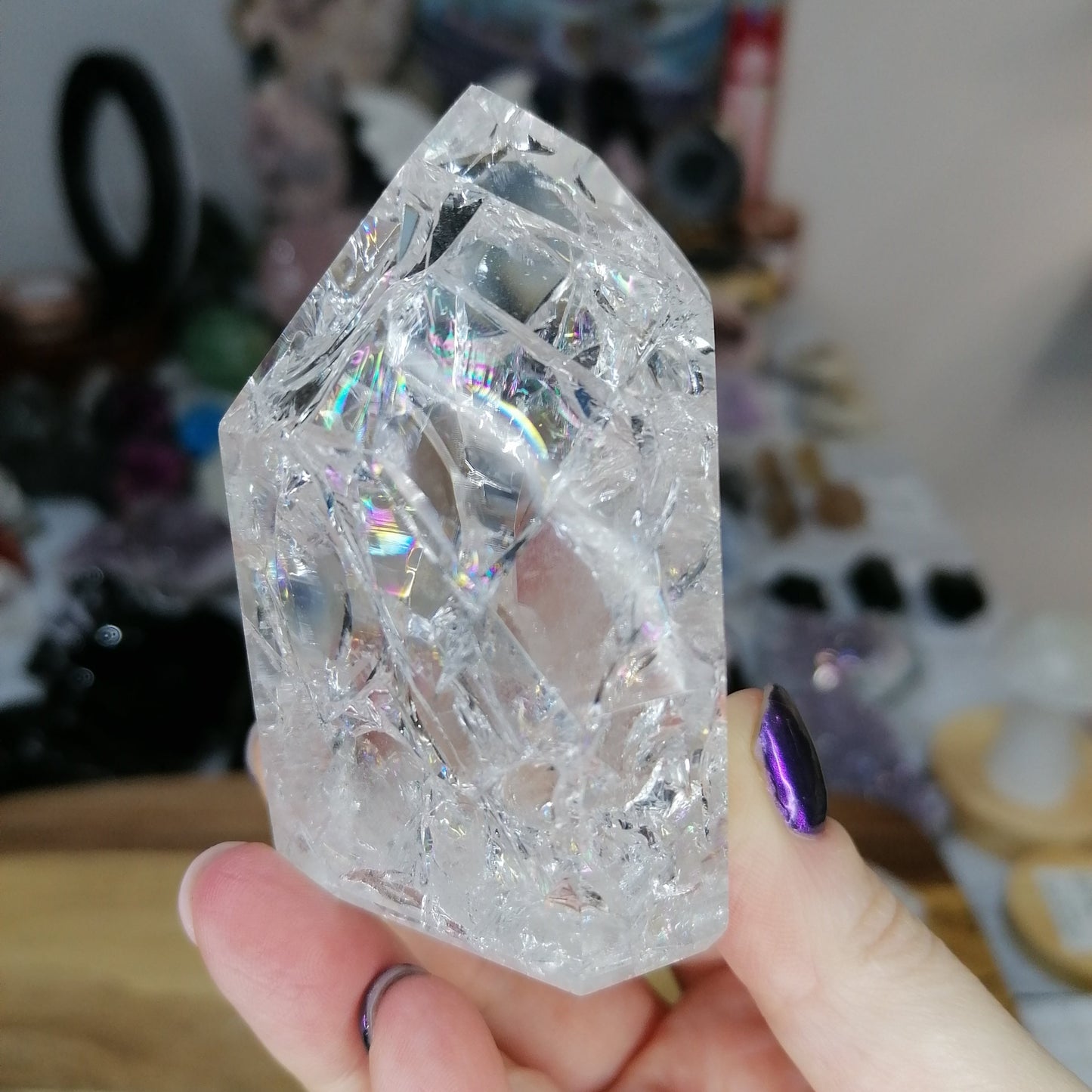 Clear Crackle Quartz Tower with Rainbow Flashes