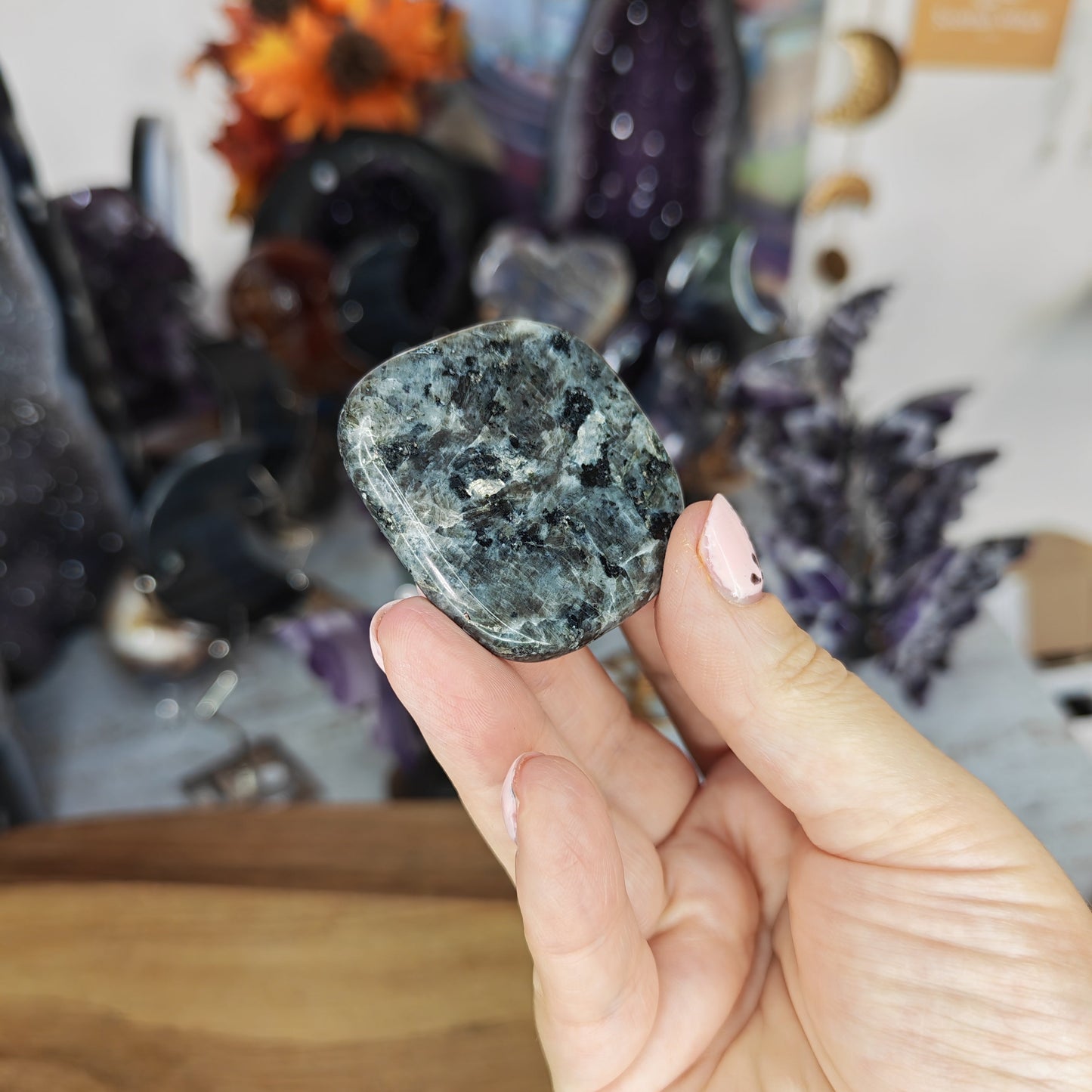 Grey Larvikite Smoothstone with Silver Flash