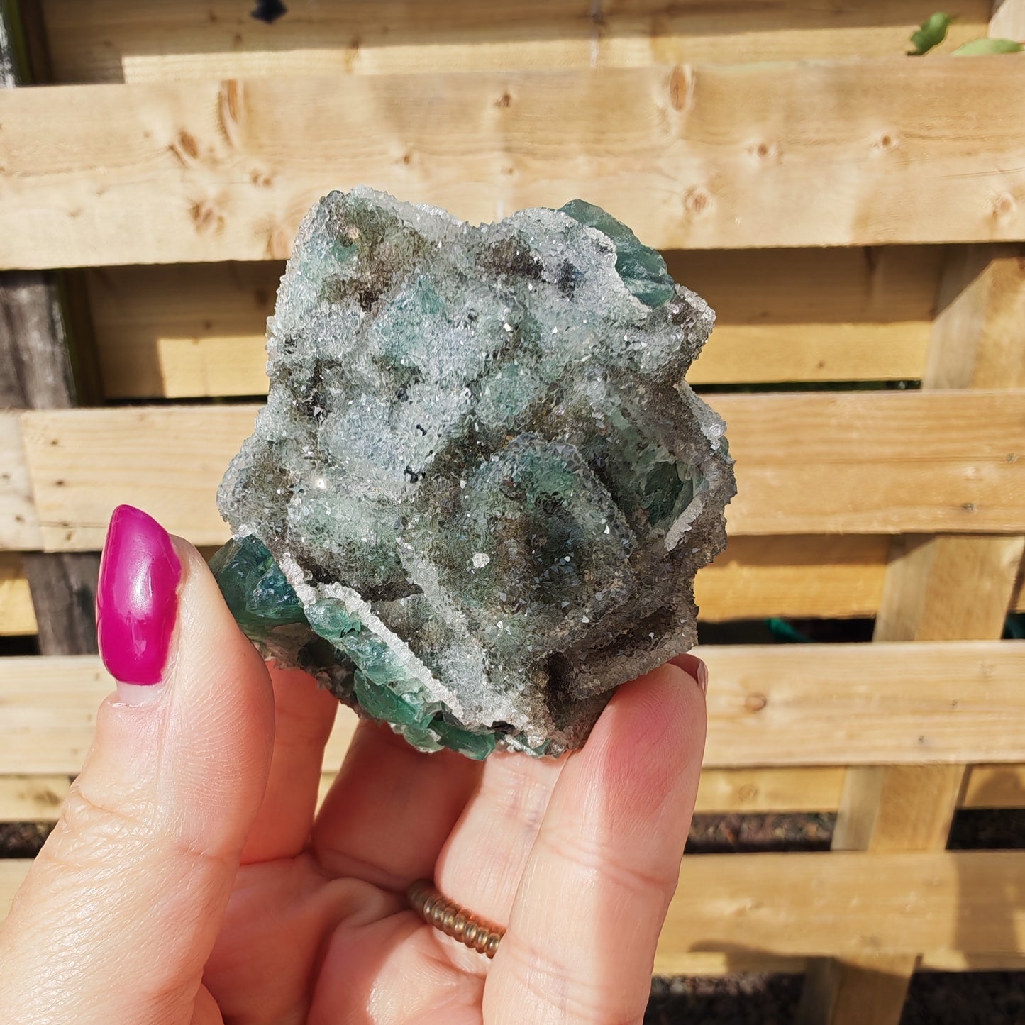 High Grade Druzy Dreams Fluorite Specimen with Clear Quartz Sparkly Druzy on Green Cube Fluorite