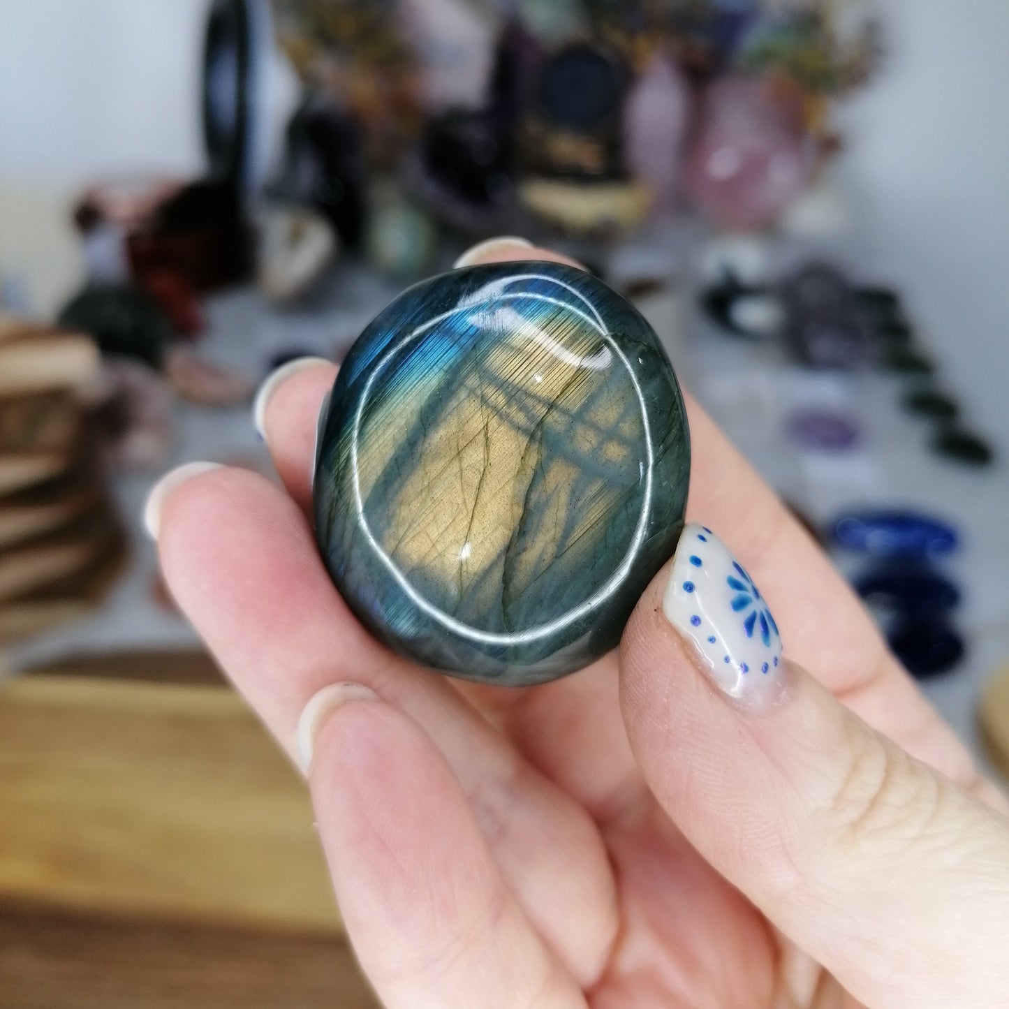Blue and orange Flash Labradorite Palmstone