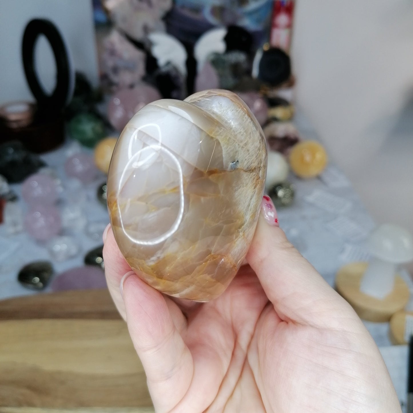 Large Peach Moonstone crystal Heart with silver Flash