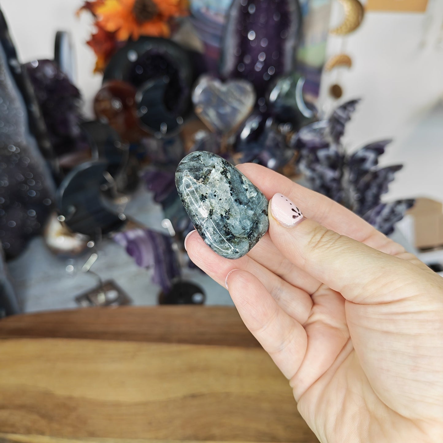 Grey Larvikite Flat Stone with Silver Flash