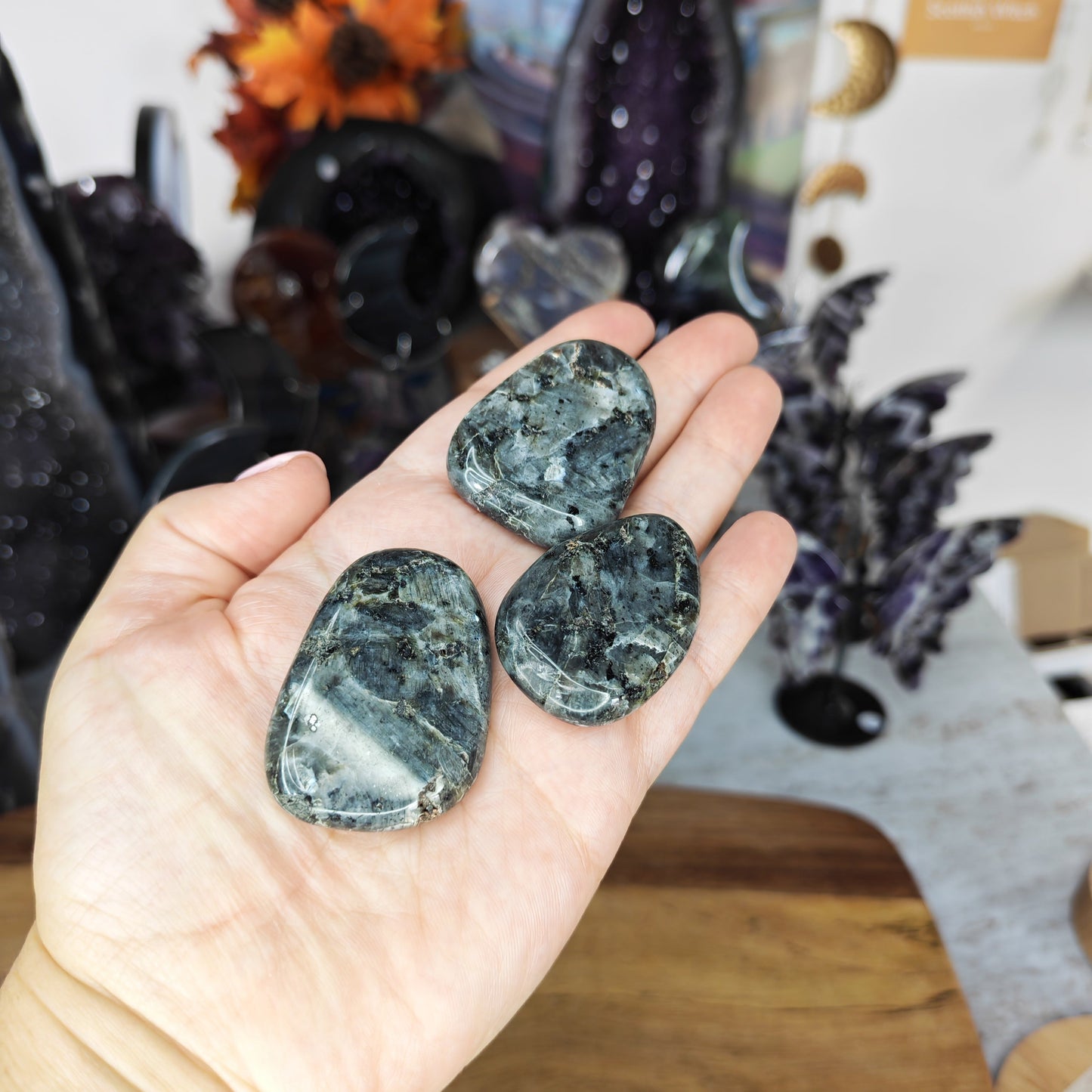 Grey Larvikite Smoothstones with silver flash
