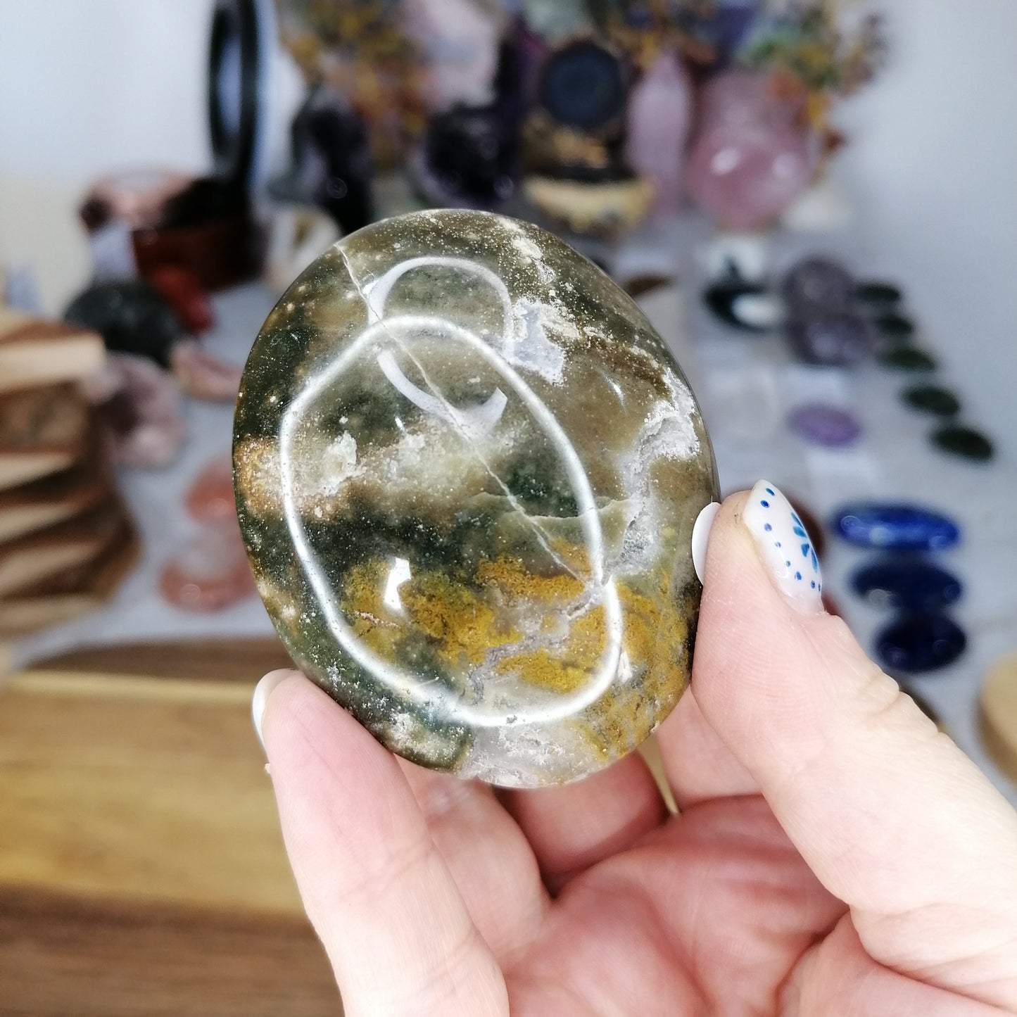 Ocean Jasper Palmstone with dark green and yellow