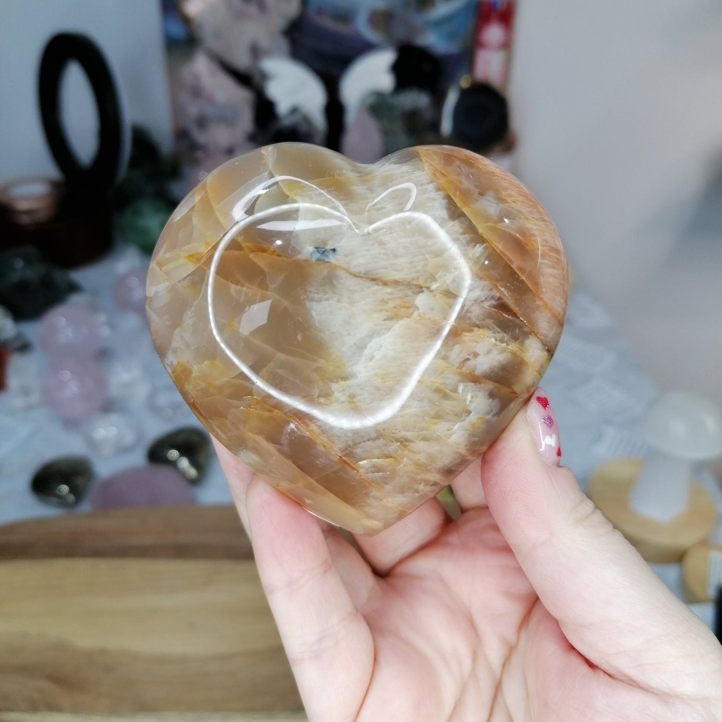 Burnt Orange colour peach moonstone crystal heart with flash