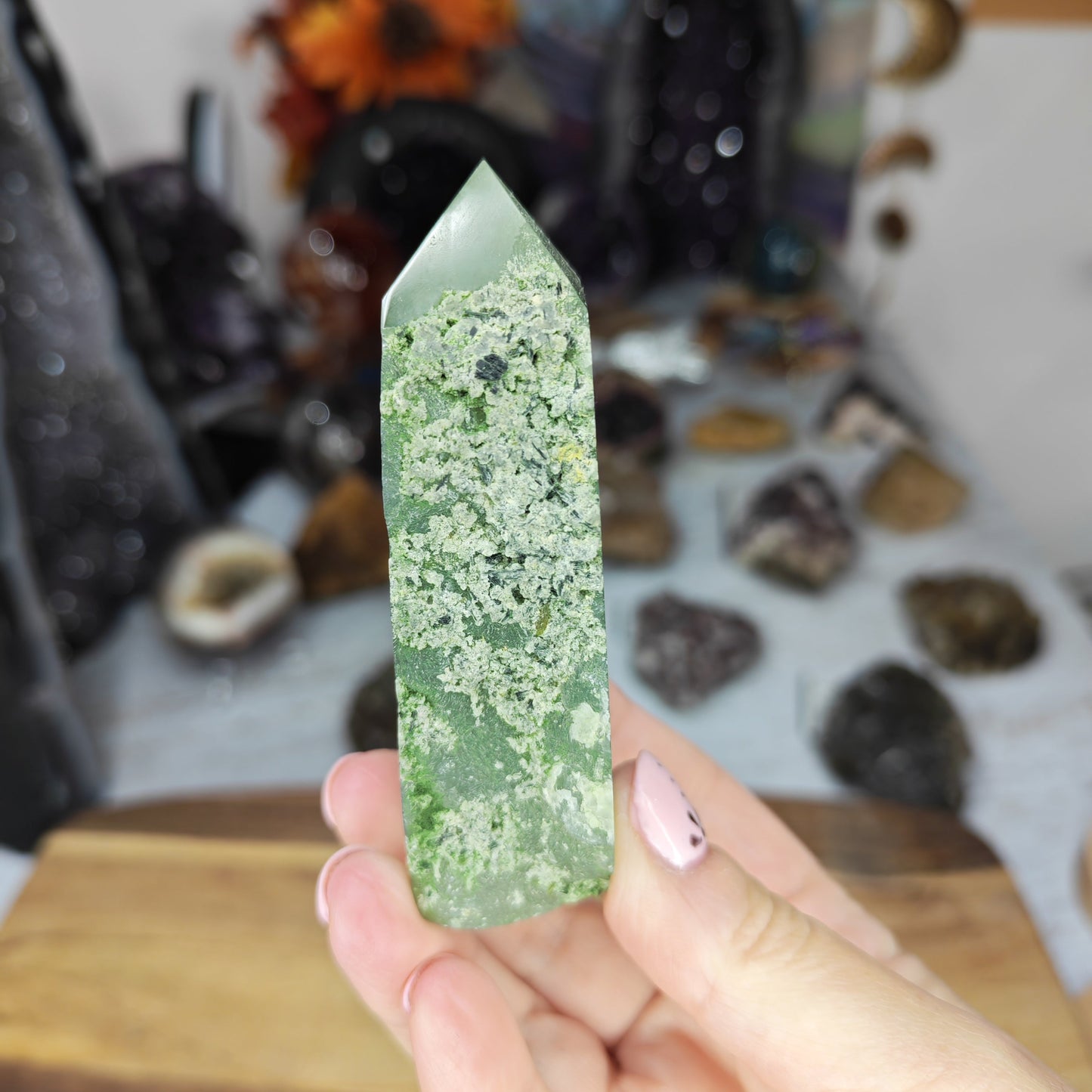 Green and Black Prehnite Tower with raw side