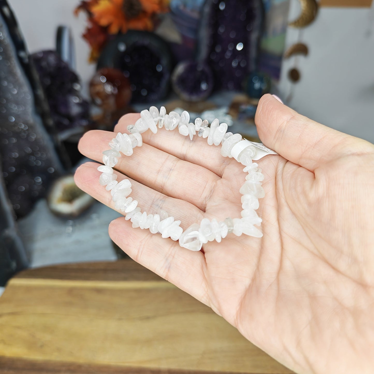 Rainbow Moonstone Chip Bracelet with blue flash