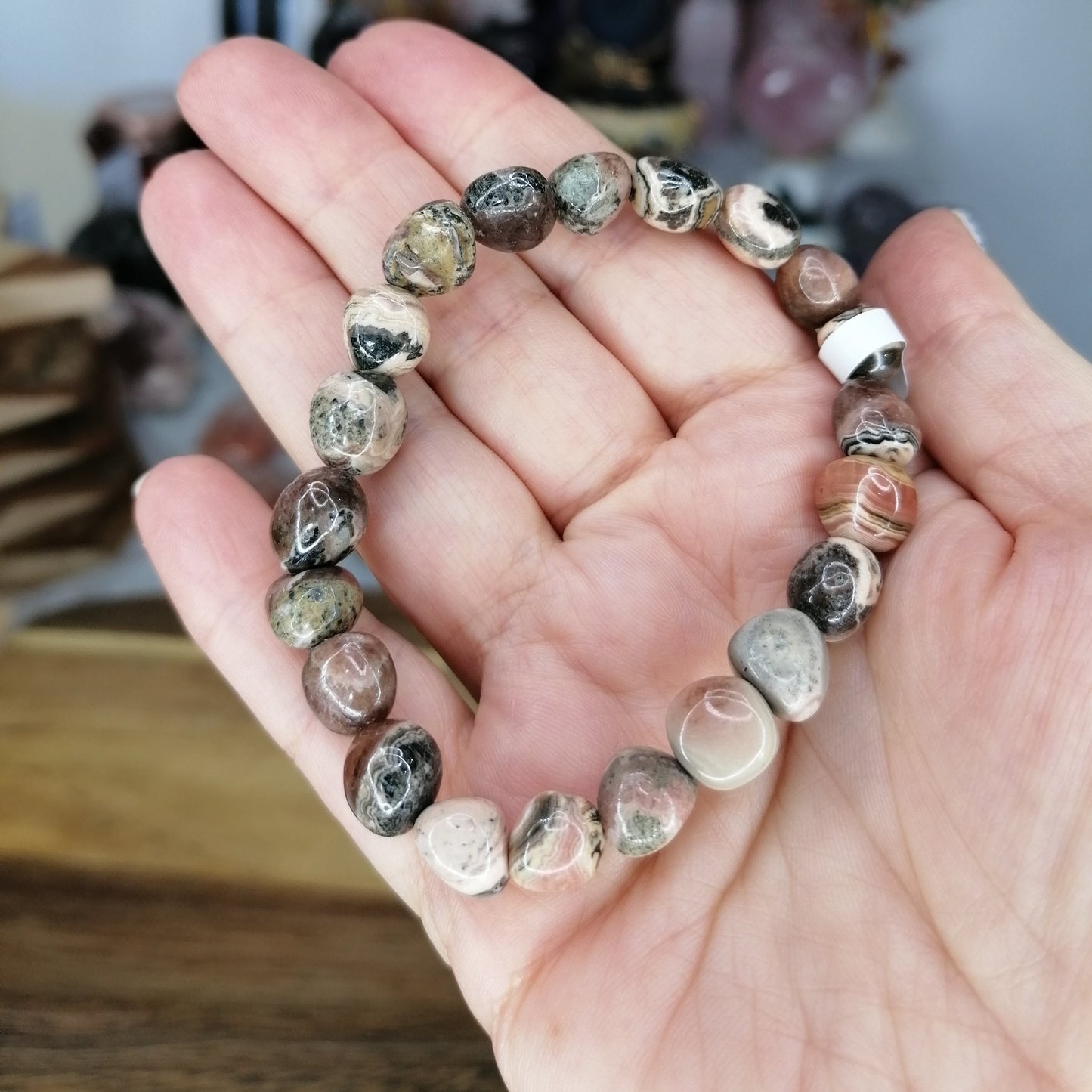pink and black rhodochrosite tumblestone bead bracelet