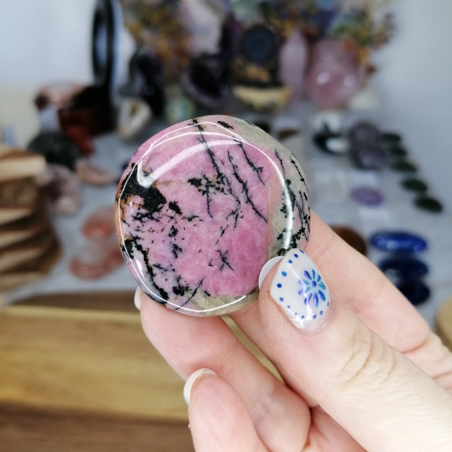 Black and pink rhodonite worry stone
