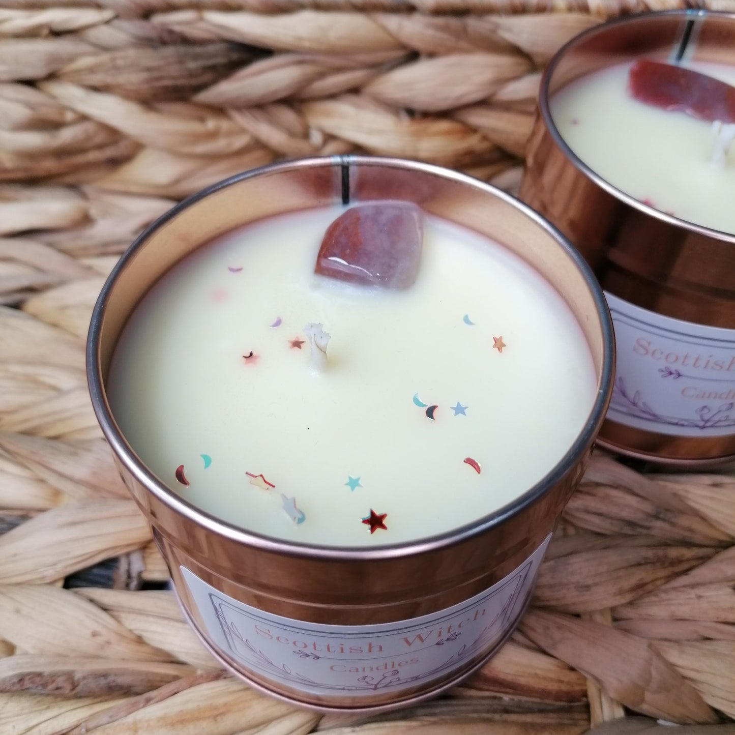 white fresh linen candle with crystal and glitter decoration