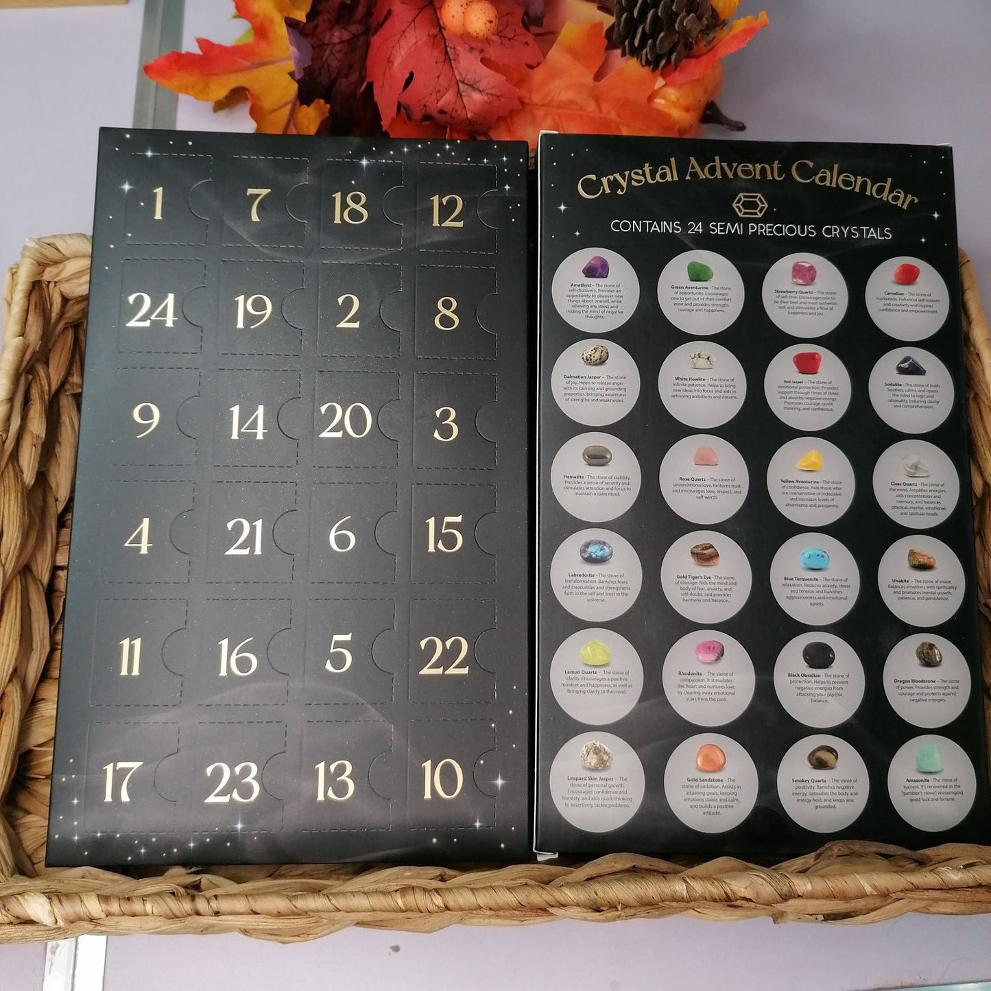 24-Day Advent Crystal Calendar for the countdown to Christmas, includes 24 tumble stones with spiritual and wellbeing properties