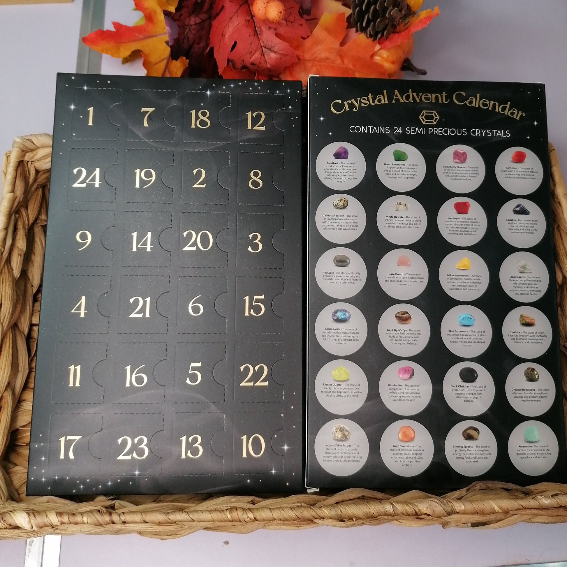 24-Day Advent Crystal Calendar for the countdown to Christmas, includes 24 tumble stones with spiritual and wellbeing properties