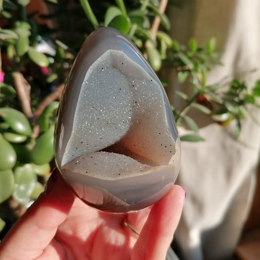 Light blue Grey agate Egg with sparkly druzy and black dendrite spots