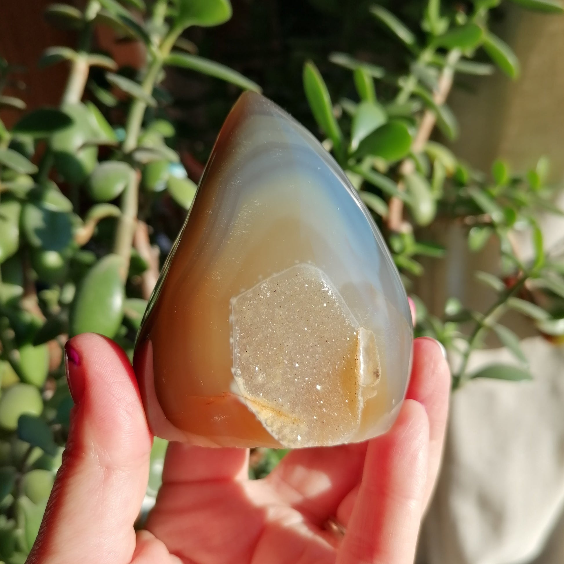 Orange and grey agate flame with druzy and bright orange banding