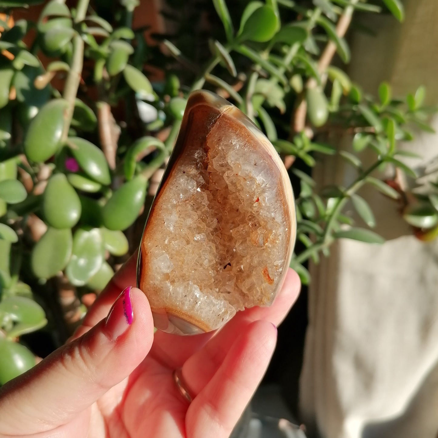 Golden healer quartz druzy flame with yellow orange and grey agate banding