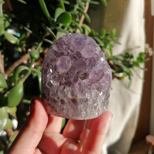 Purple Amethyst cut base with Quartz polished edge