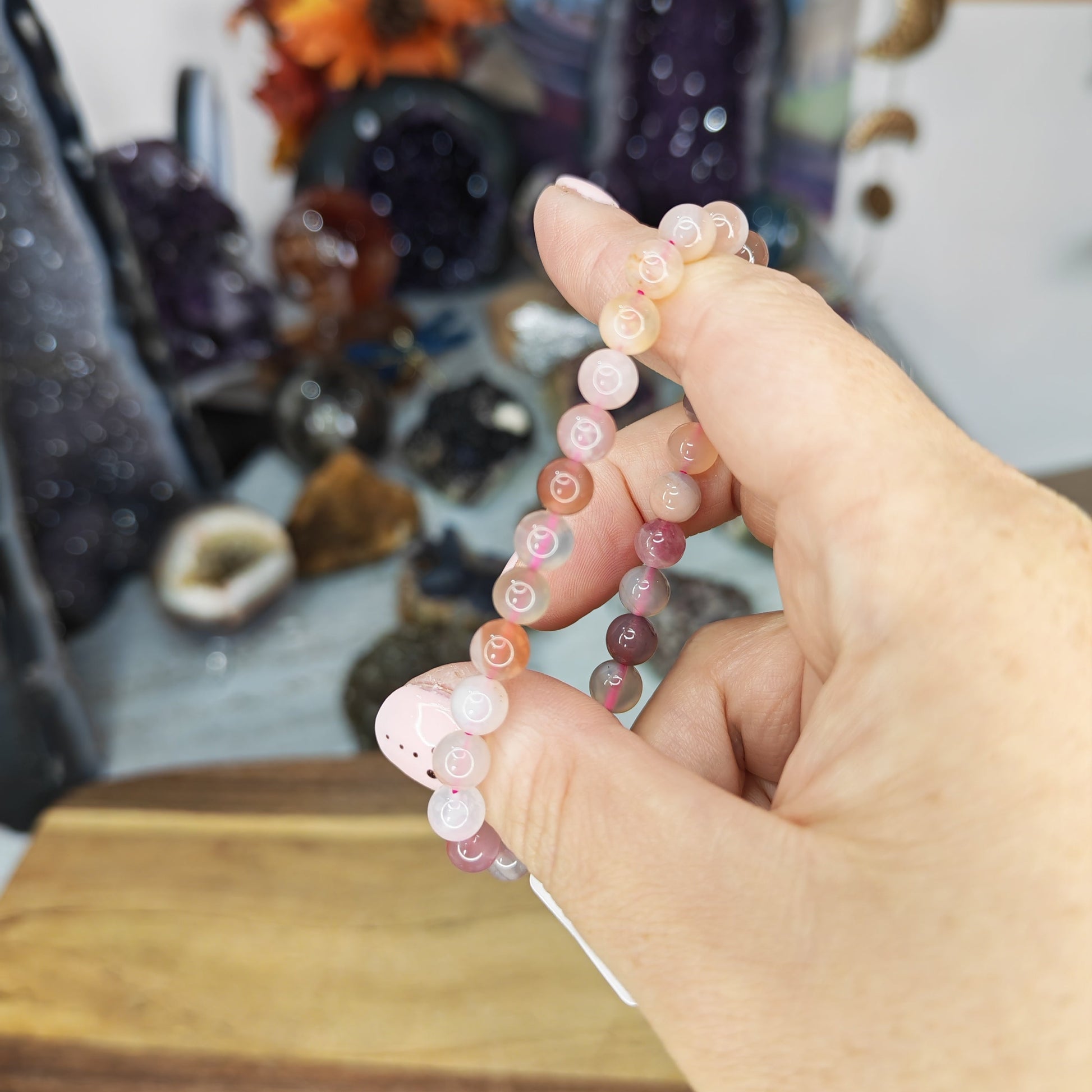 Pastel Pink Apricot Agate Beaded Bracelet
