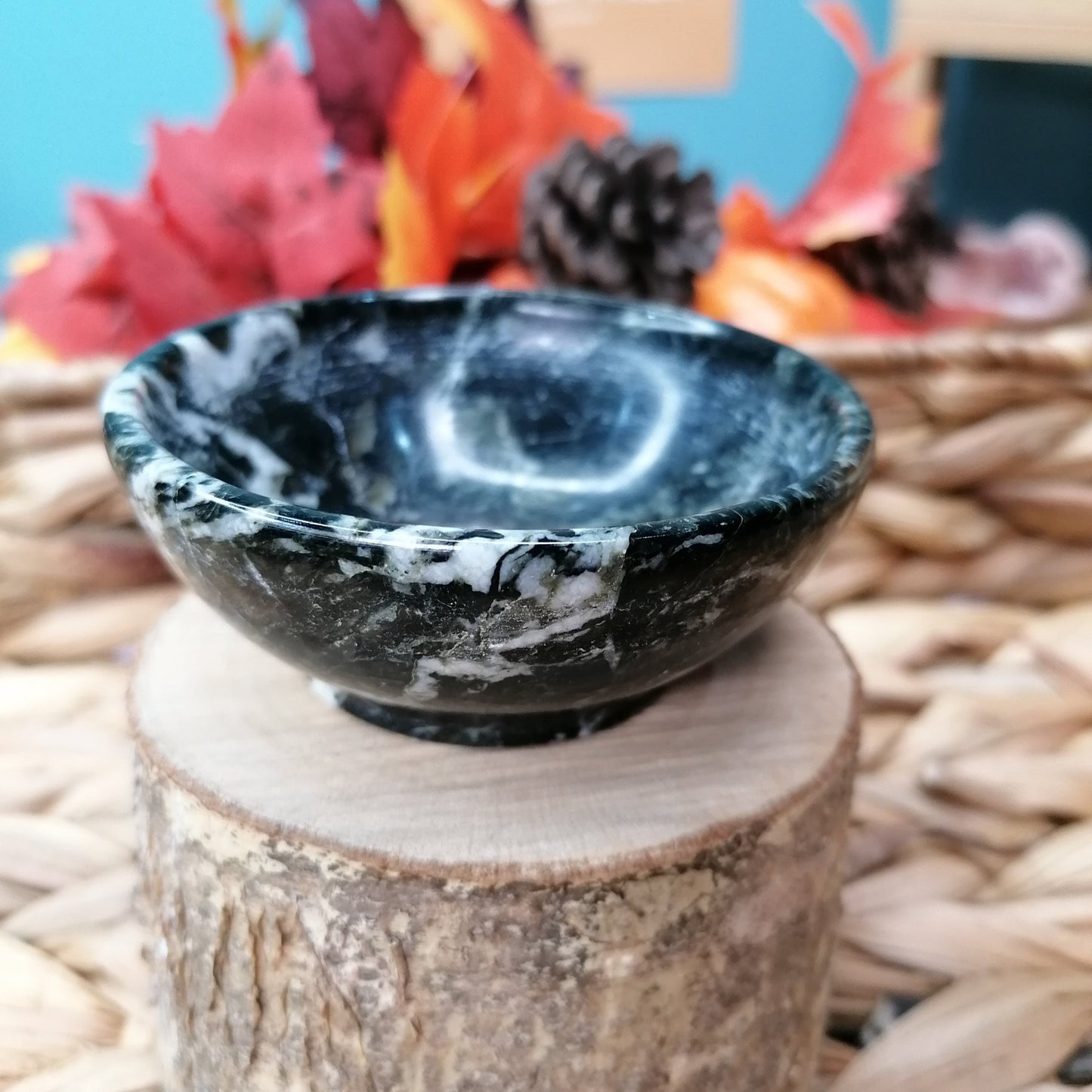 Black and white calcite crystal bowl