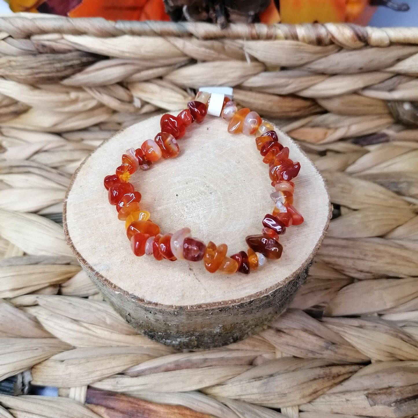 Red Carnelian chip bracelet with shades of red, orange and white chips