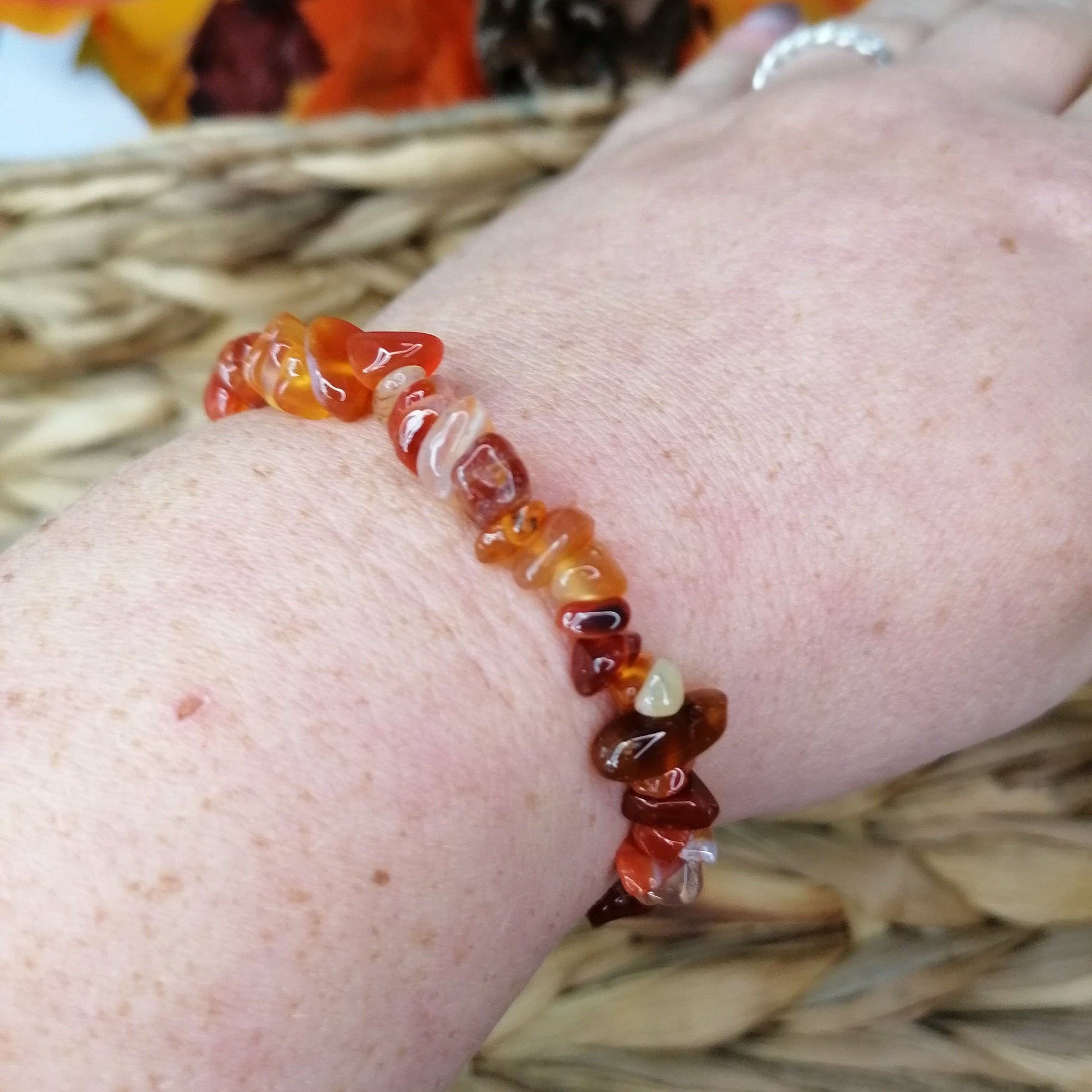 red orange and white carnelian crystal chip bracelet