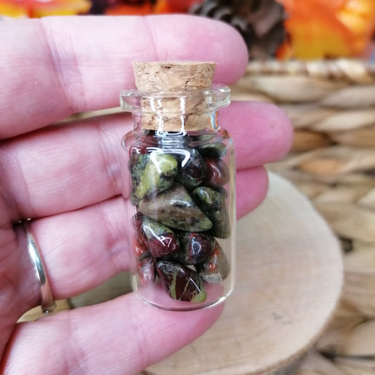 Green and red dragon stone crystal chip bottle