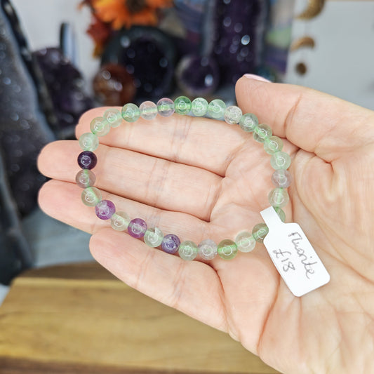 green and purple glassy Fluorite 6mm Bead Bracelet High Grade