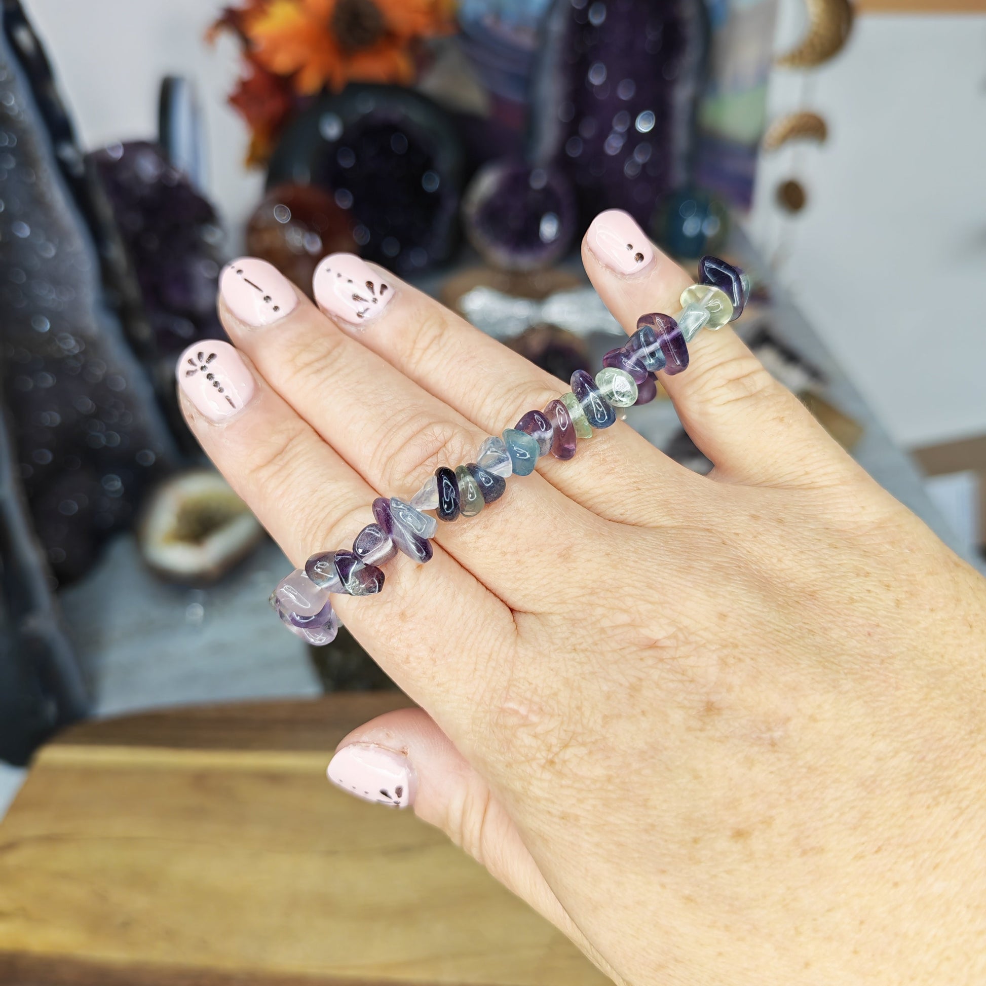 Green and Purple Fluorite Crystal Chip Bracelet