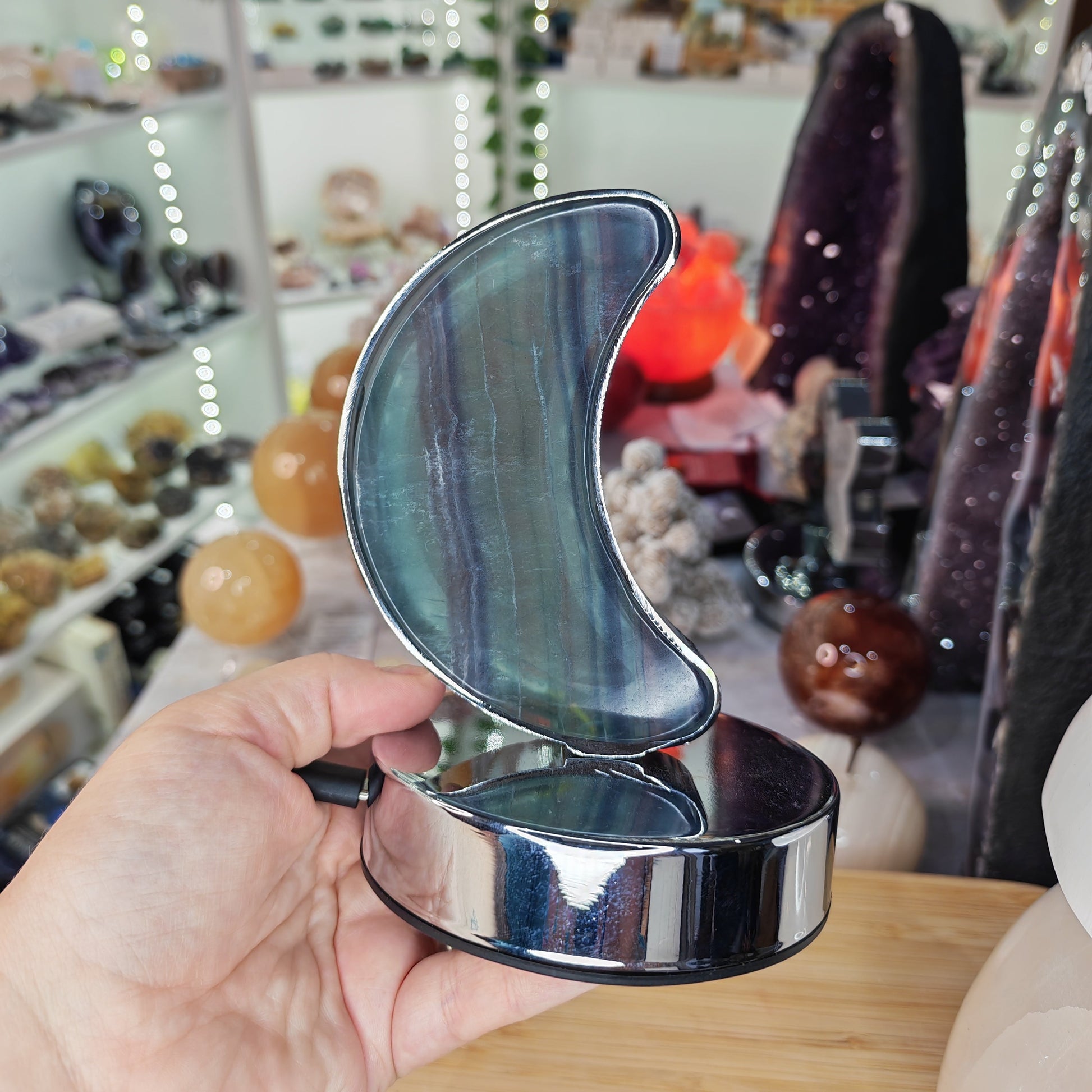 Purple and Green Fluorite Moon Crystal Lamp