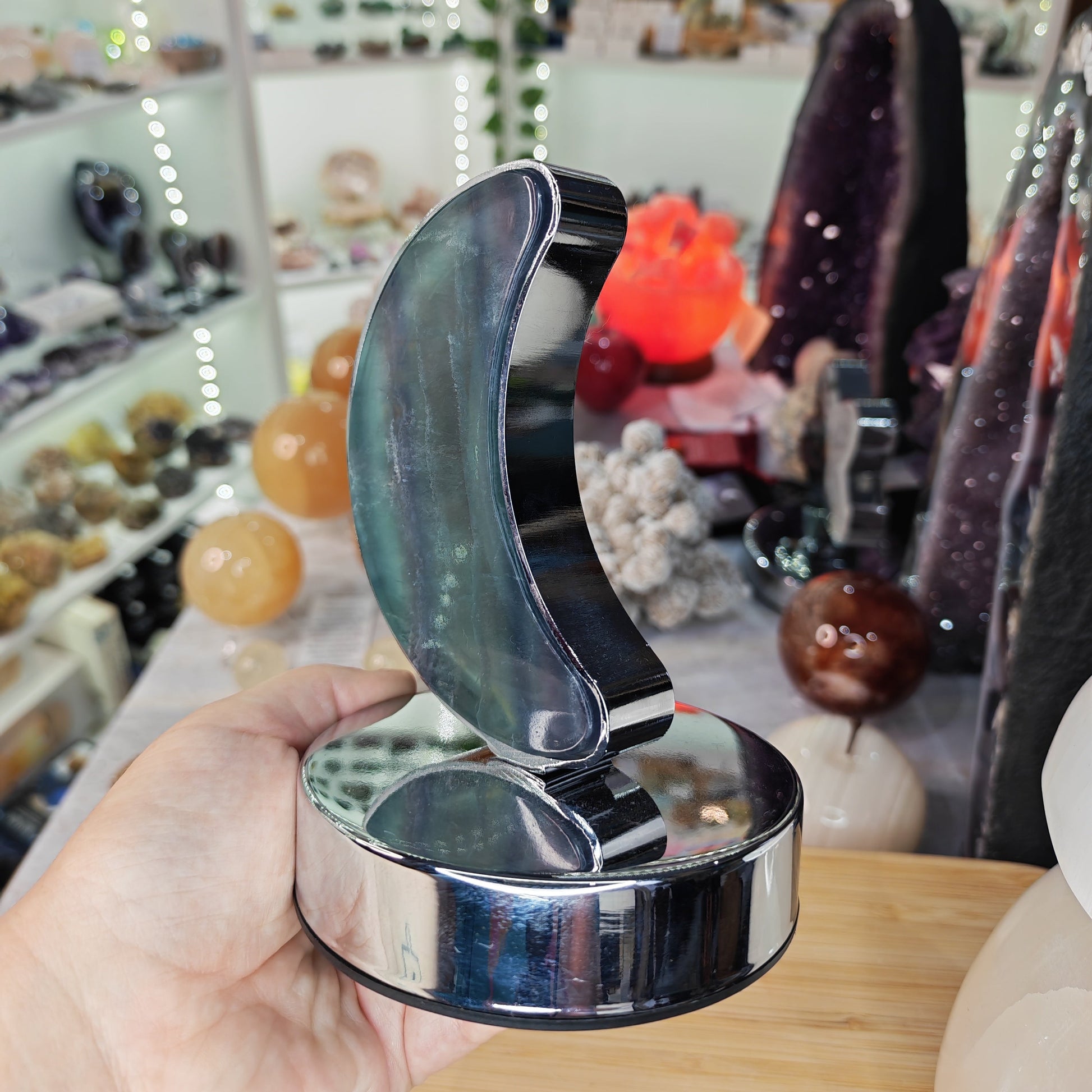 Purple and Green Fluorite Moon Lamp