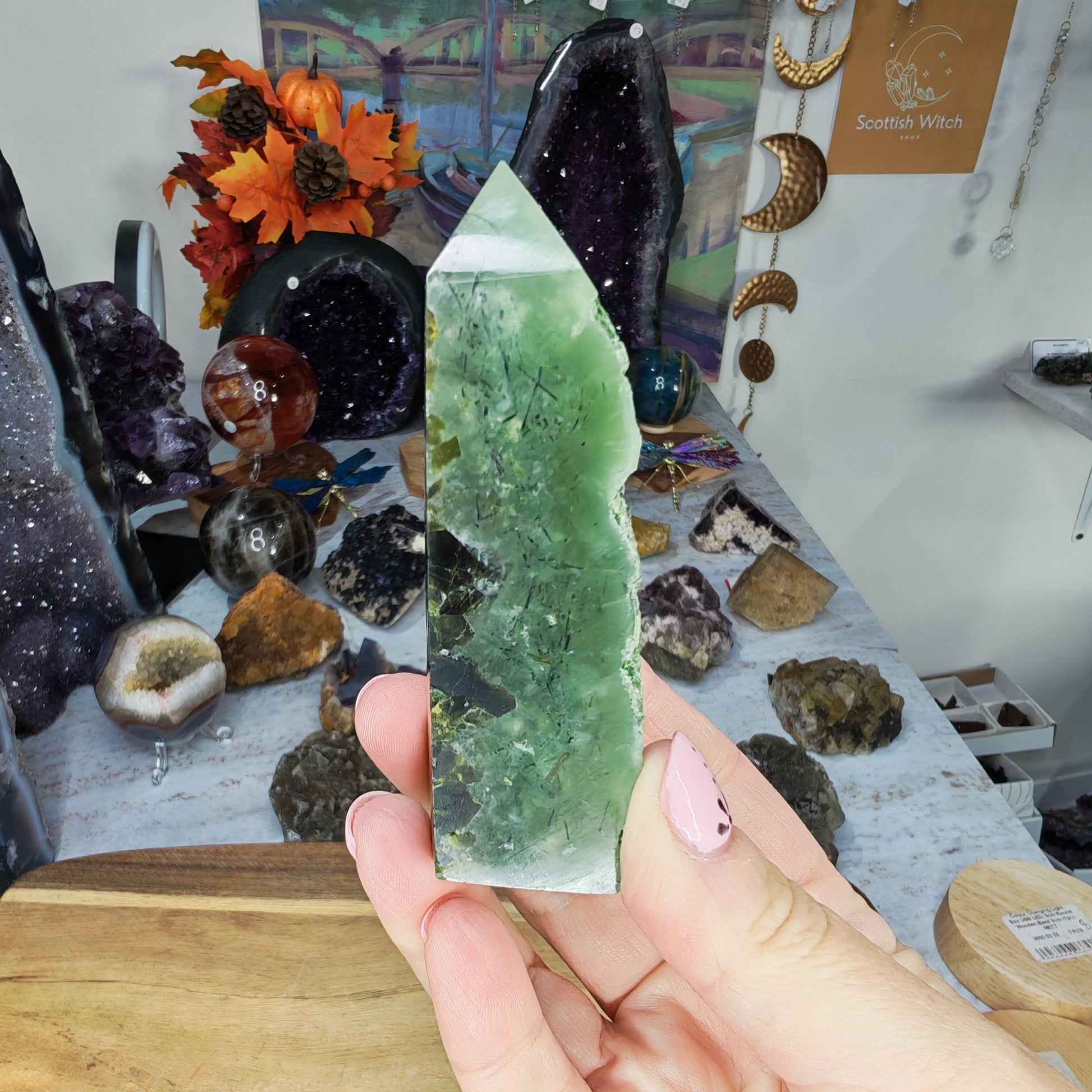 Green Prehnite Tower with tourmaline polished on three sides