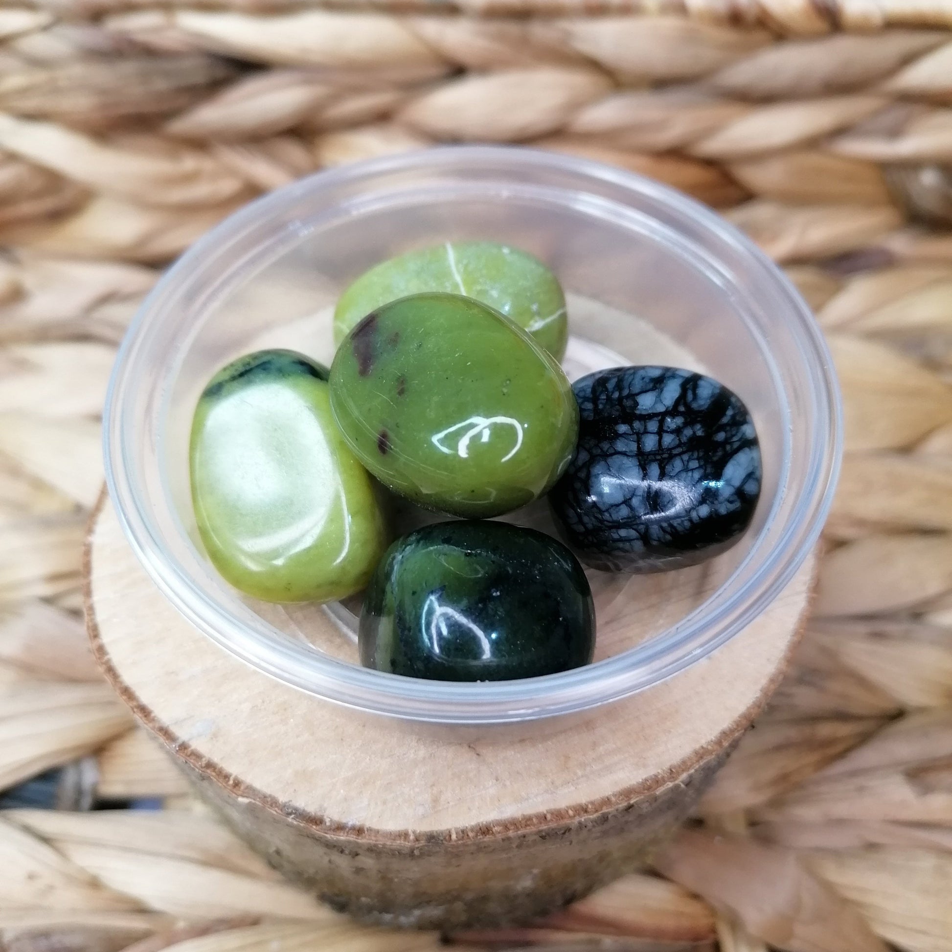 Green and black Serpentine crystal Tumblestone with green and black inclusions