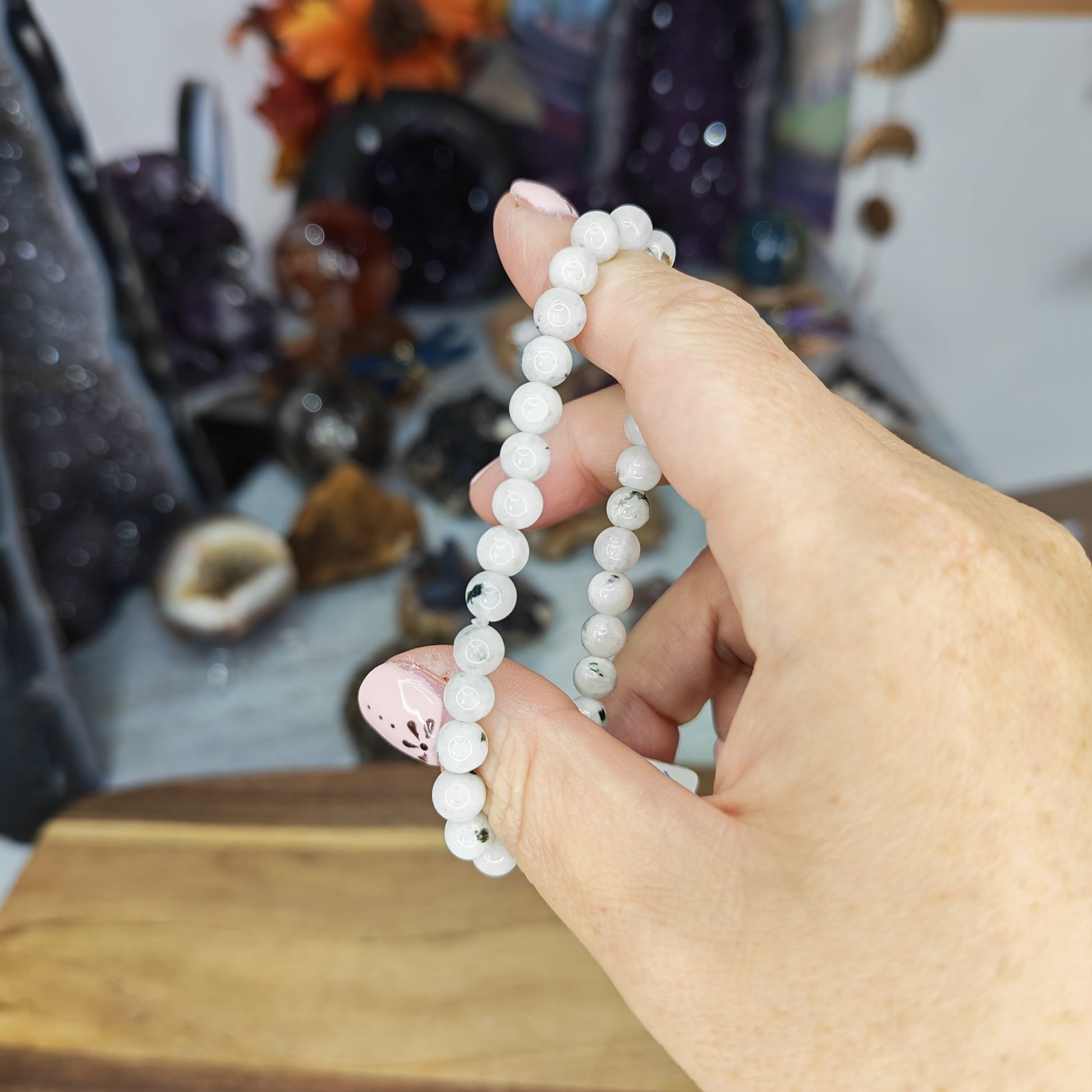 High Grade Rainbow Moonstone Bead Bracelet Black and White beads