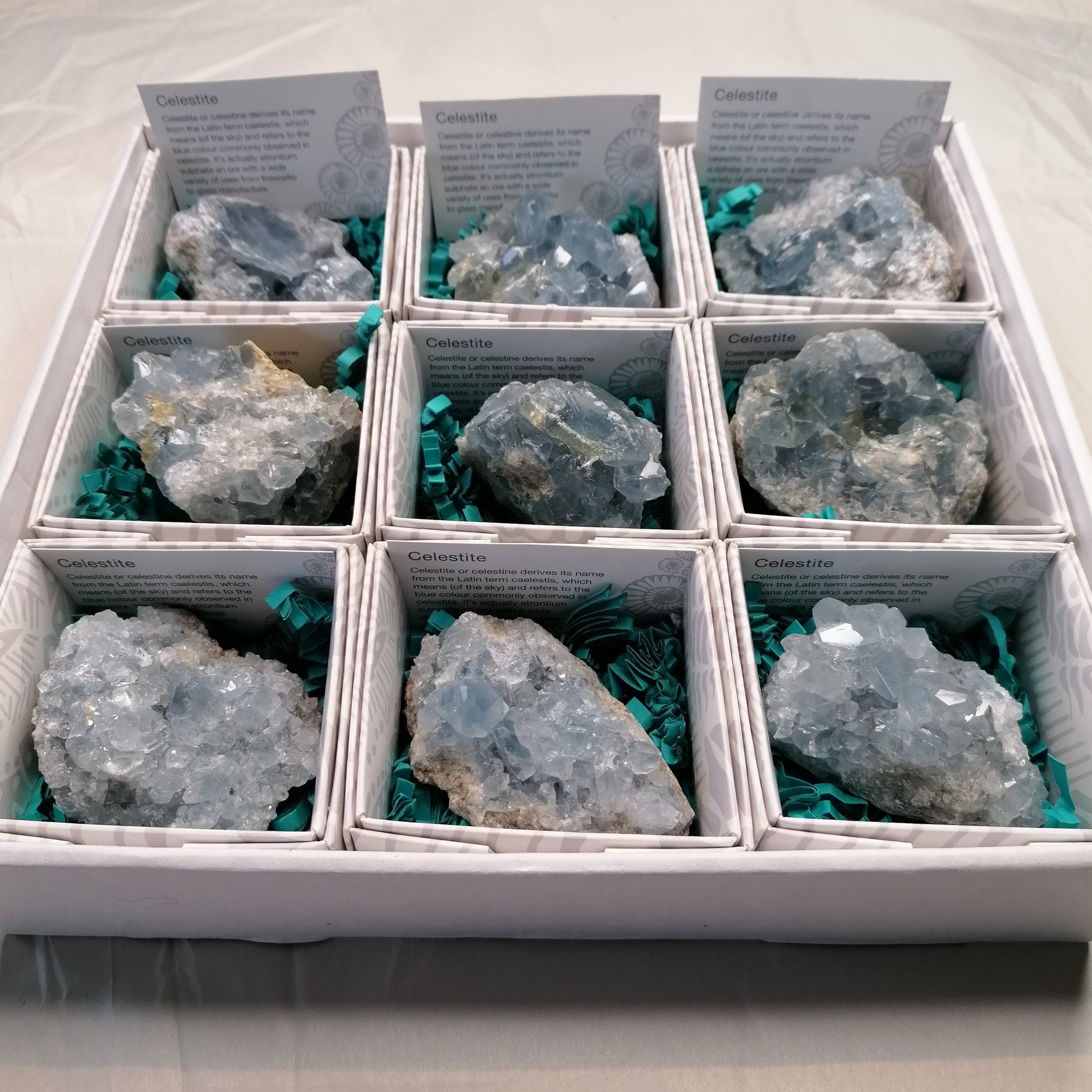 box of 9 blue celestite clusters