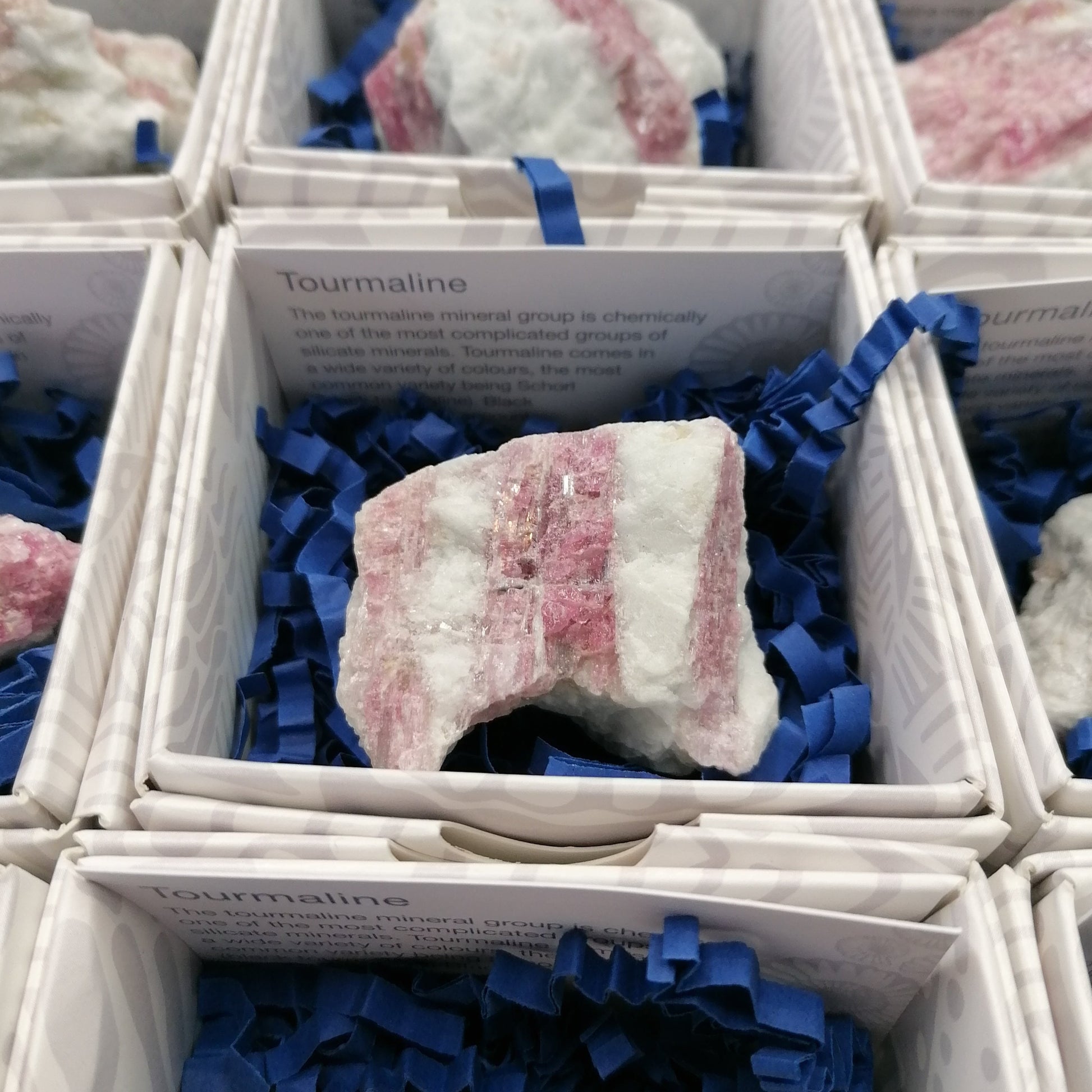 Pink tourmaline in a gift box with an ID card