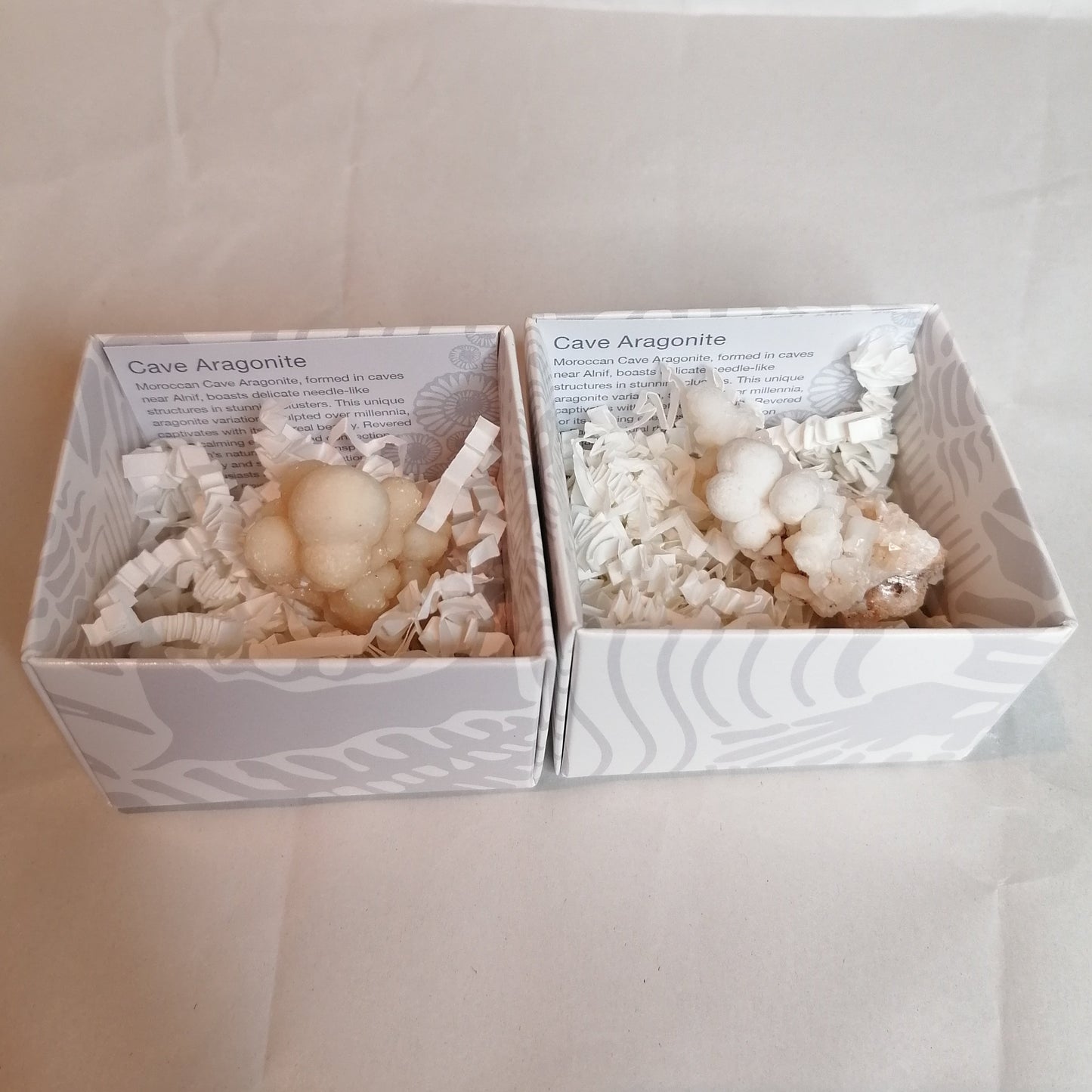 white cave aragonite in gift box with id card