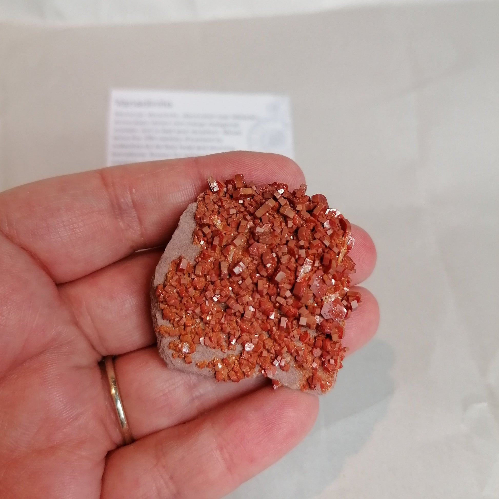 bright orange square crystals on a cream rock formation, vanadinite crystal specimen