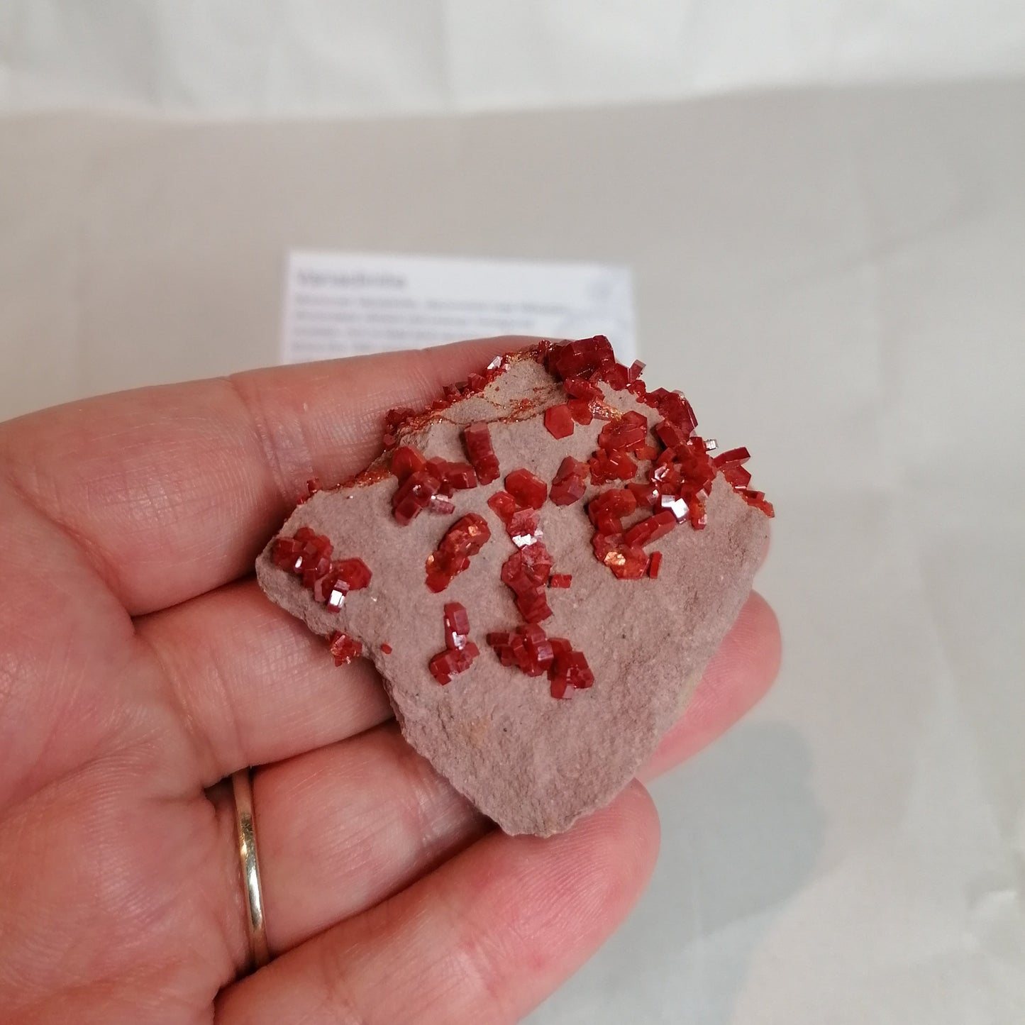 bright orange square crystals on a cream rock formation, vanadinite crystal specimen