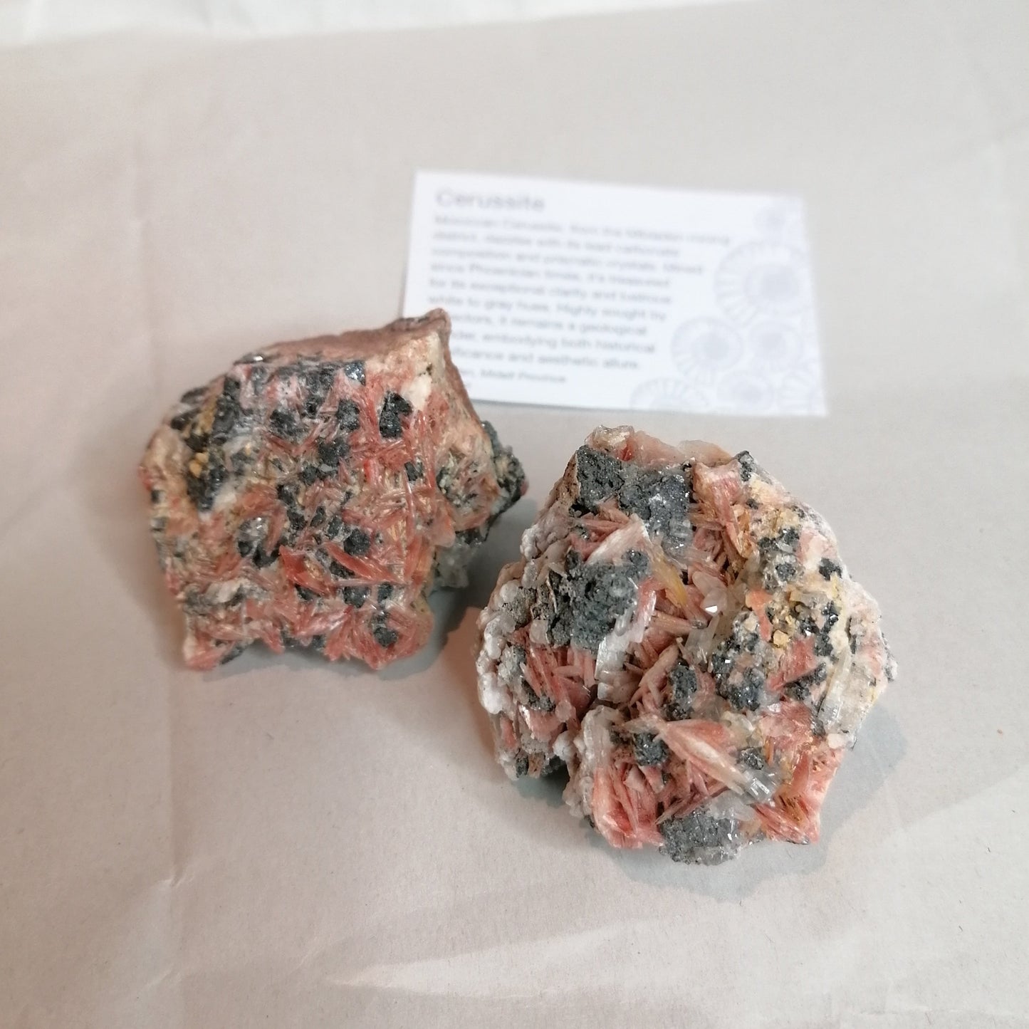 two pink, cream and silver Cerrusite Beryte Galena Specimens