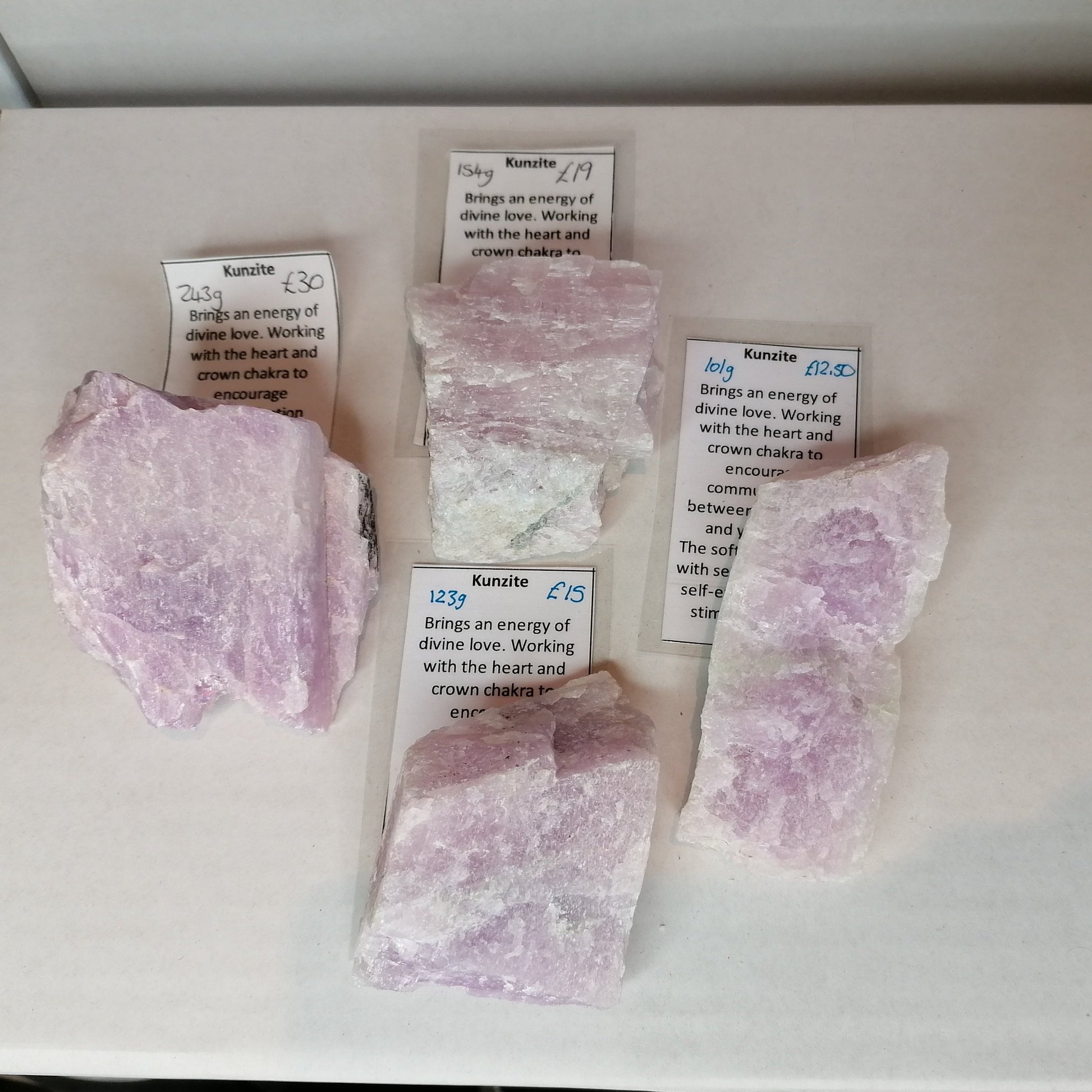 raw kunzite in different sizes