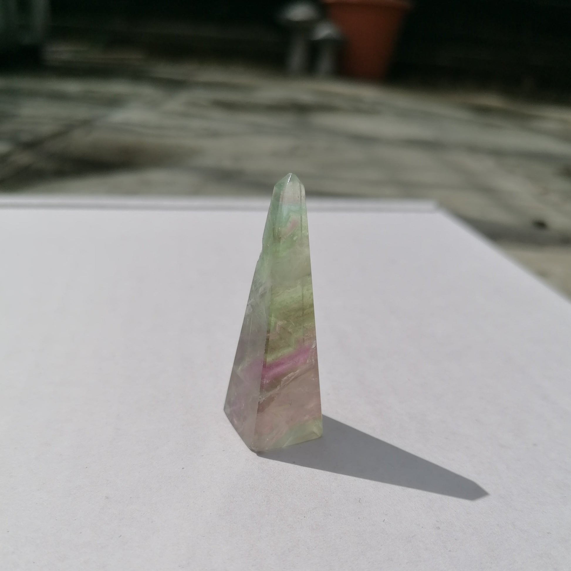 green and purple fluorite tower