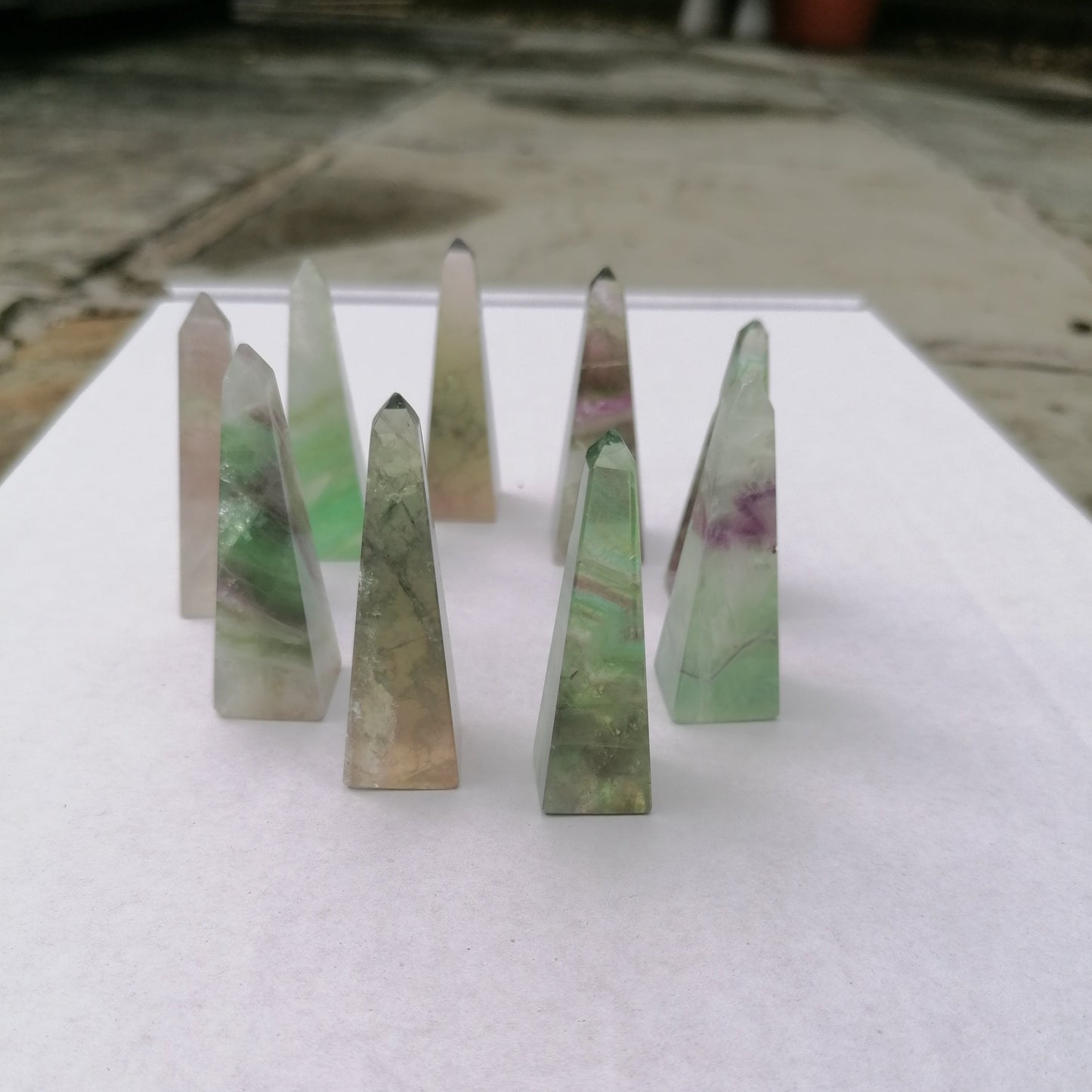 9 obelisk green and purple fluorite towers