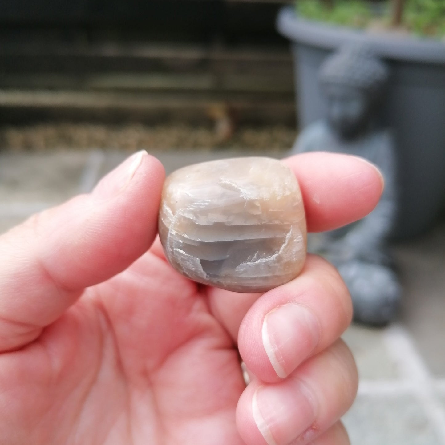 Black moonstone tumble up close