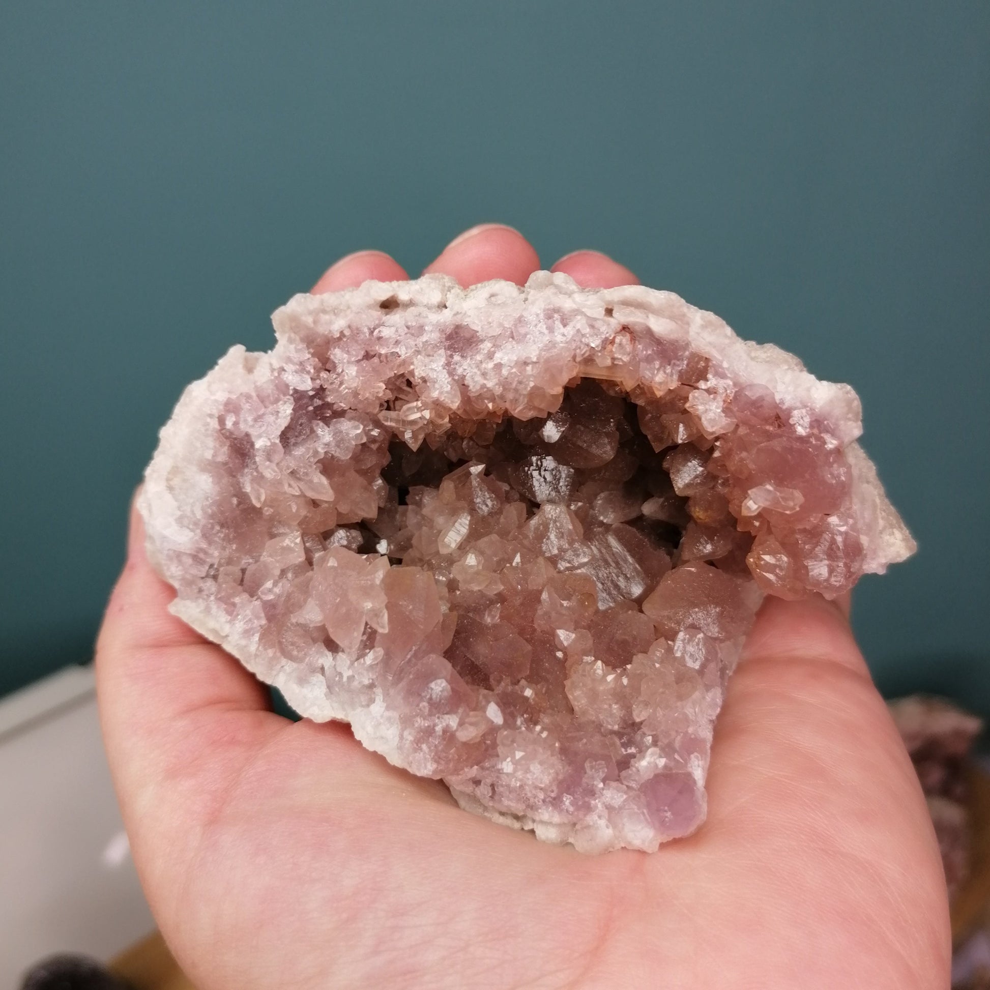 Pink Amethyst Geode the size of a hand