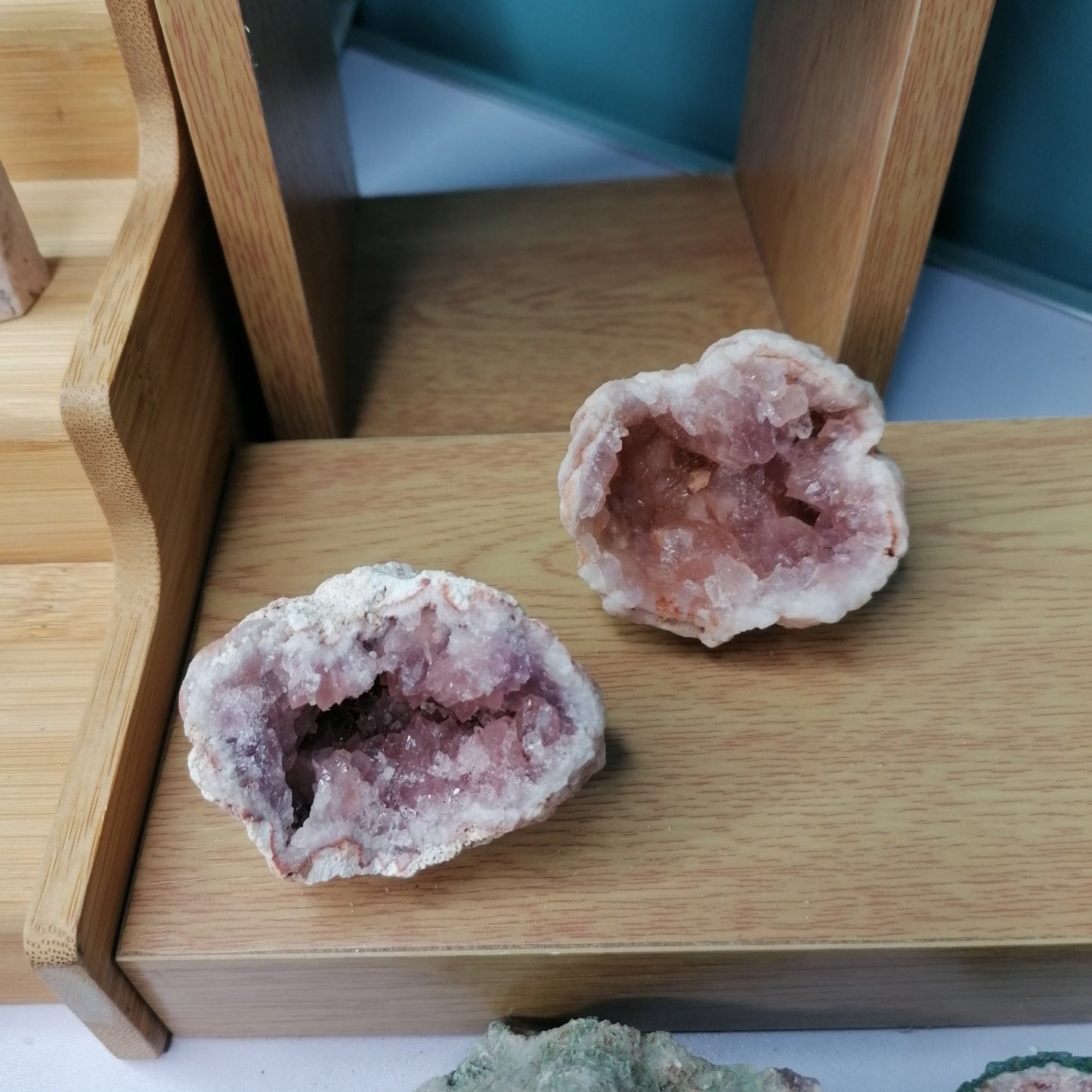 two medium size pink amethyst geodes