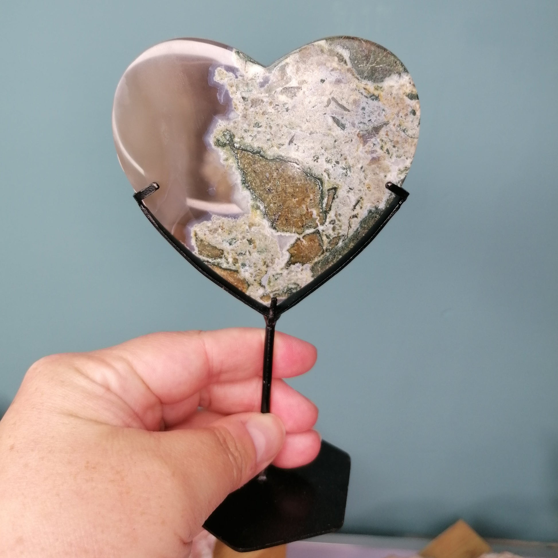 green moss agate heart with grey, brown and green banding